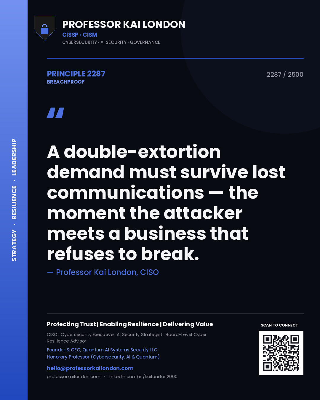 Quote card by Professor Kai London reading 'A double-extortion demand must survive lost communications — the moment the attacker meets a business that refuses to break.'. From the book Breachproof.
