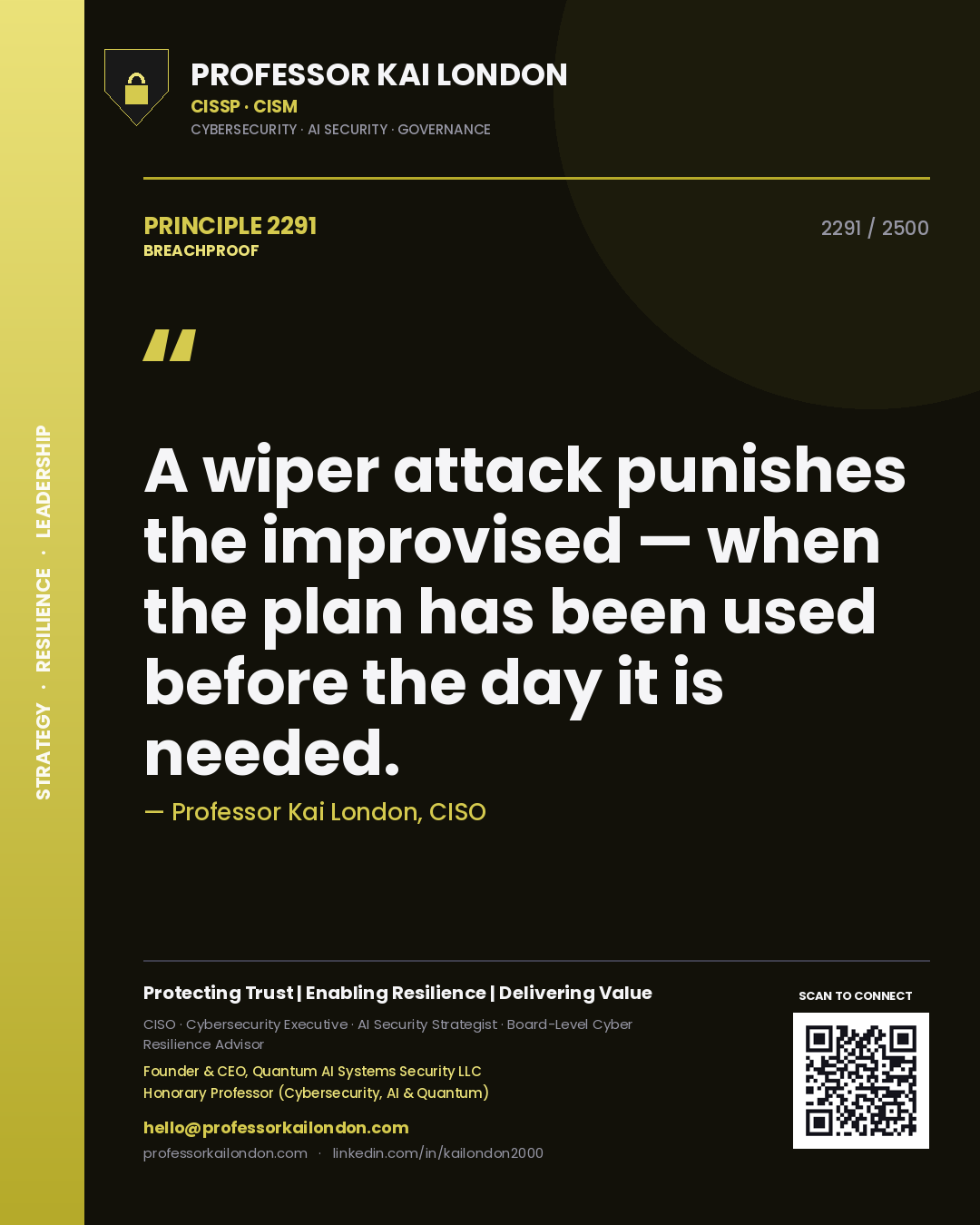 Professor Kai London principle 2291: A wiper attack punishes the improvised — when the plan has been used before the day it is needed.