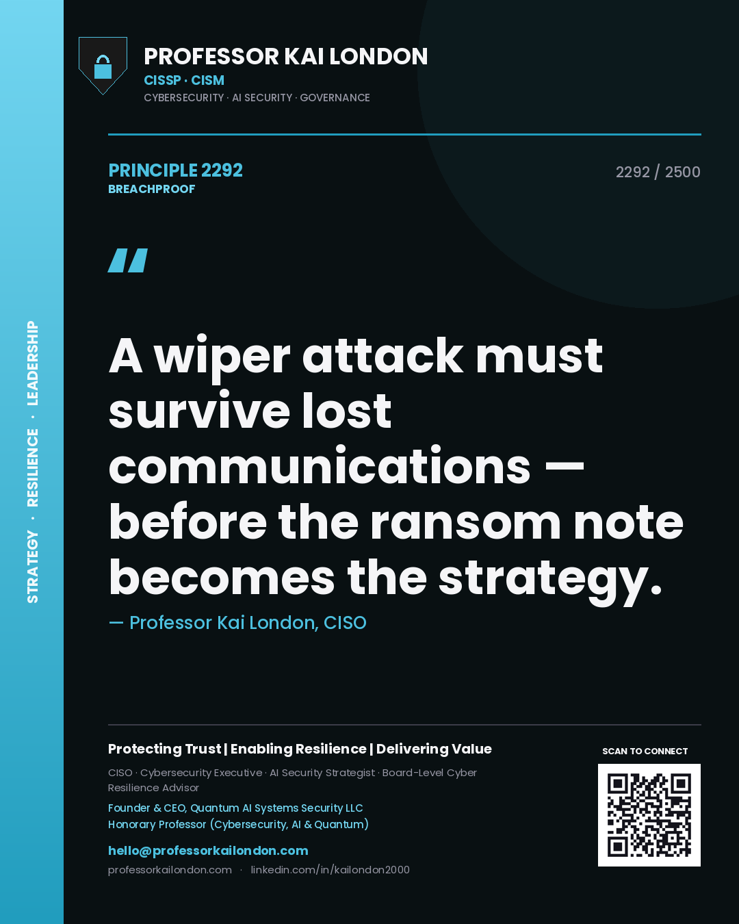 Professor Kai London principle 2292: A wiper attack must survive lost communications — before the ransom note becomes the strategy.