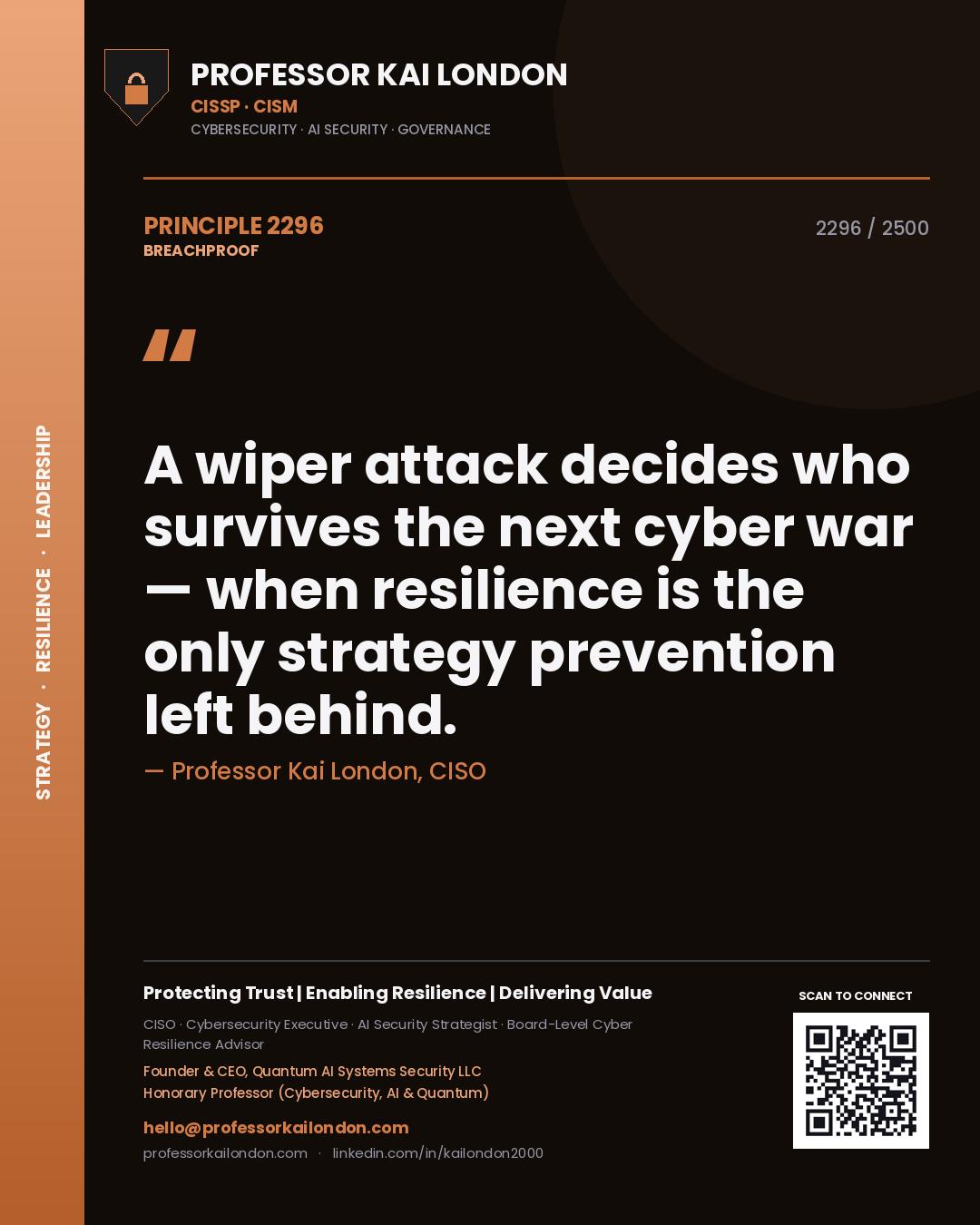 Quote card by Professor Kai London reading 'A wiper attack decides who survives the next cyber war — when resilience is the only strategy prevention left behind.'. From the book Breachproof.