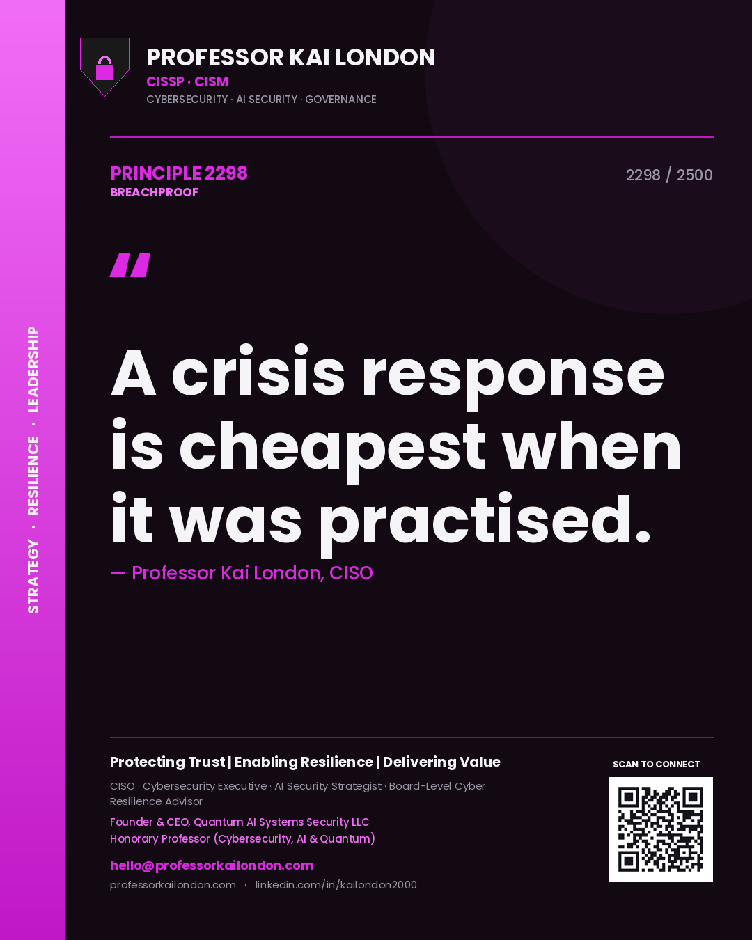 Quote card by Professor Kai London reading 'A crisis response is cheapest when it was practised.'. From the book Breachproof.