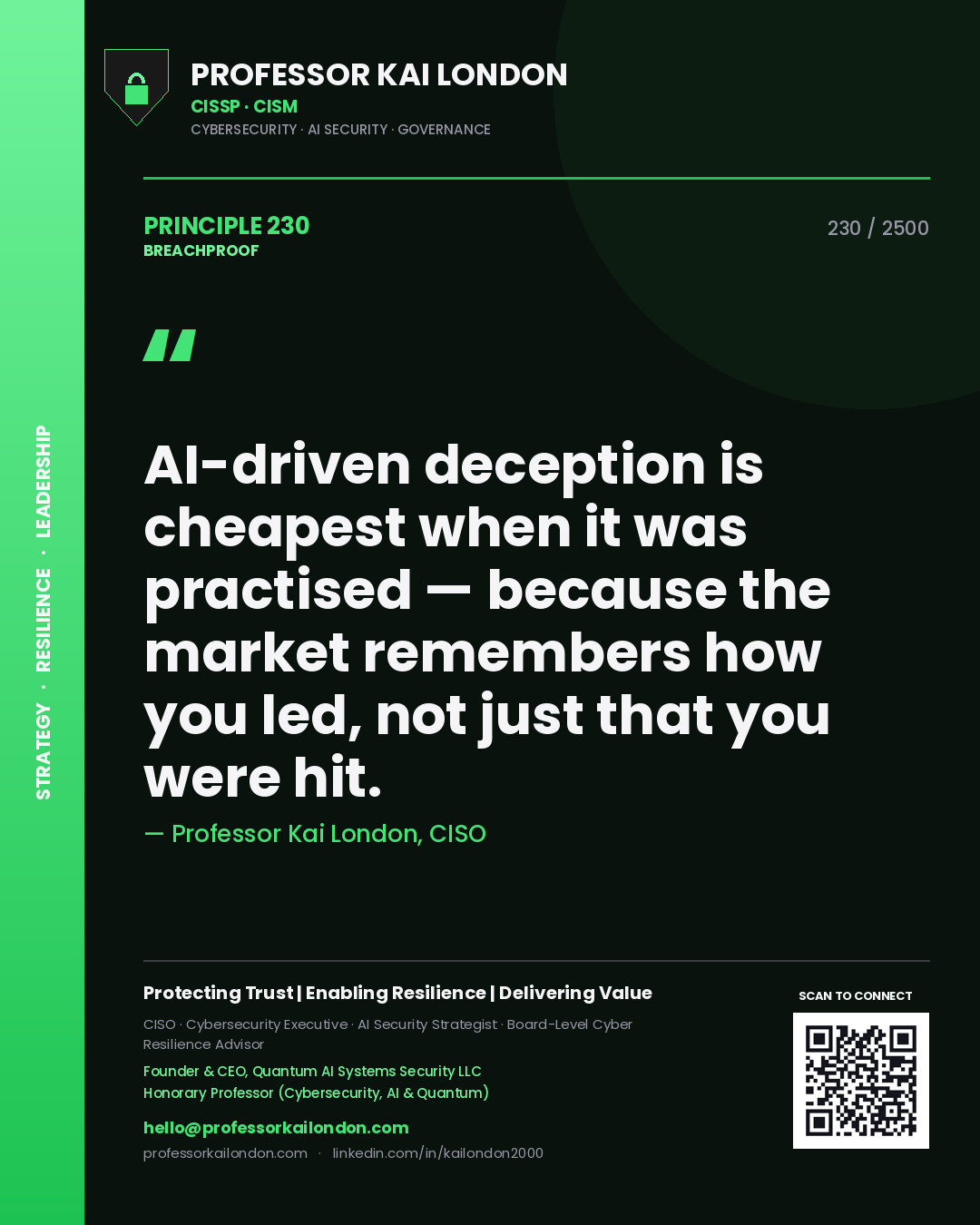 Quote card by Professor Kai London reading 'AI-driven deception is cheapest when it was practised — because the market remembers how you led, not just that you were hit.'. From the book Breachproof.