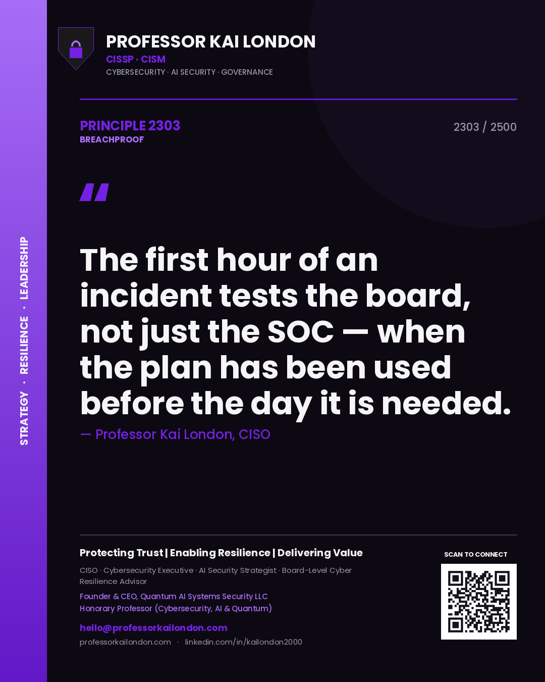 Quote card by Professor Kai London reading 'The first hour of an incident tests the board, not just the SOC — when the plan has been used before the day it is needed.'. From the book Breachproof.