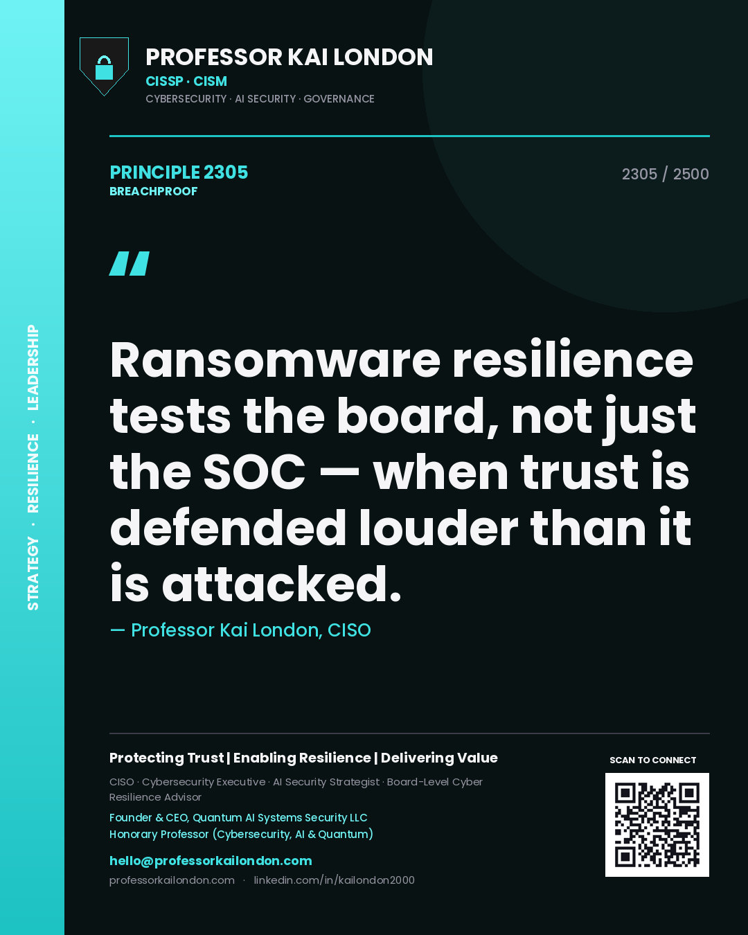 Professor Kai London principle 2305: Ransomware resilience tests the board, not just the SOC — when trust is defended louder than it is attacked.