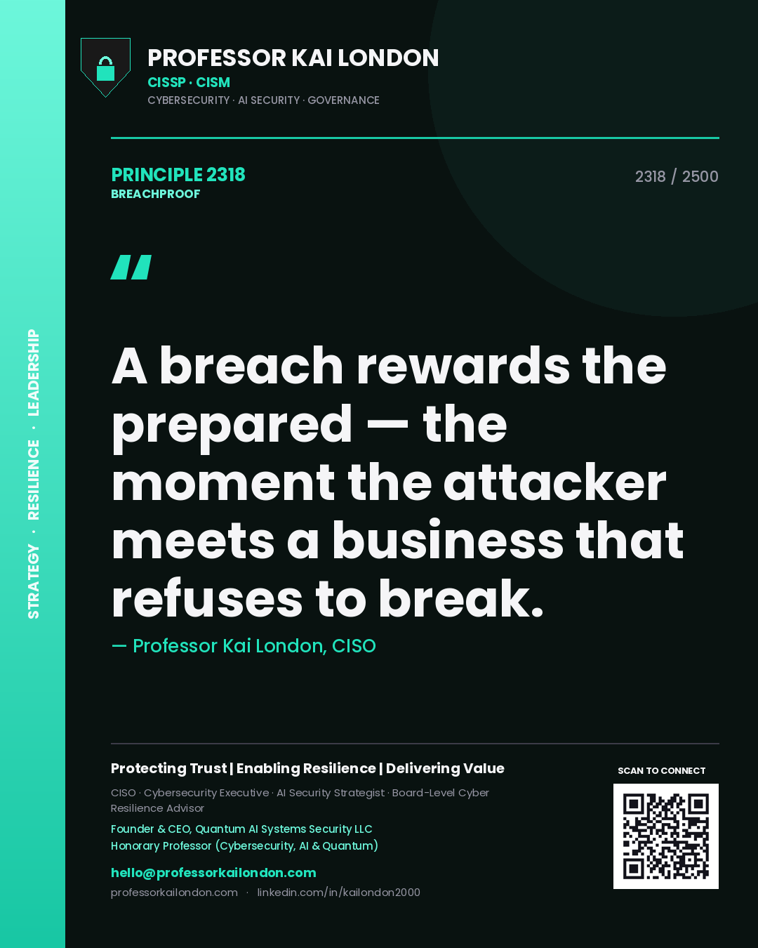 Quote card by Professor Kai London reading 'A breach rewards the prepared — the moment the attacker meets a business that refuses to break.'. From the book Breachproof.