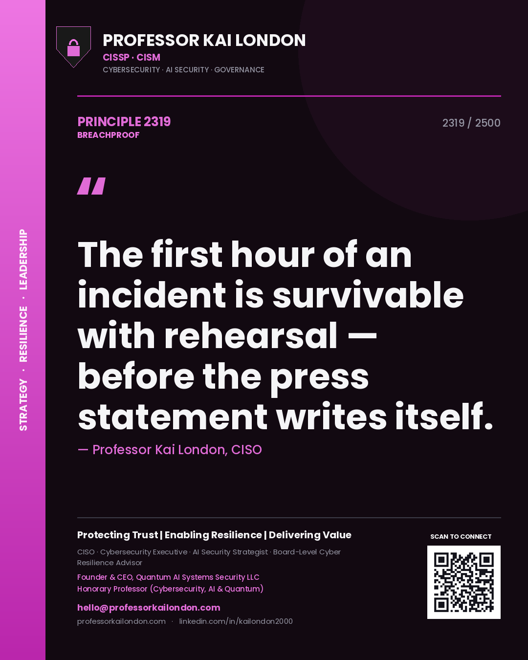 Professor Kai London principle 2319: The first hour of an incident is survivable with rehearsal — before the press statement writes itself.