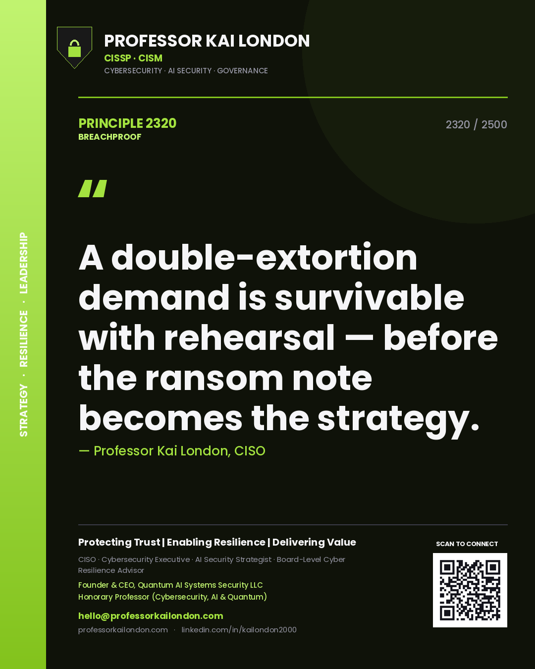 Professor Kai London principle 2320: A double-extortion demand is survivable with rehearsal — before the ransom note becomes the strategy.