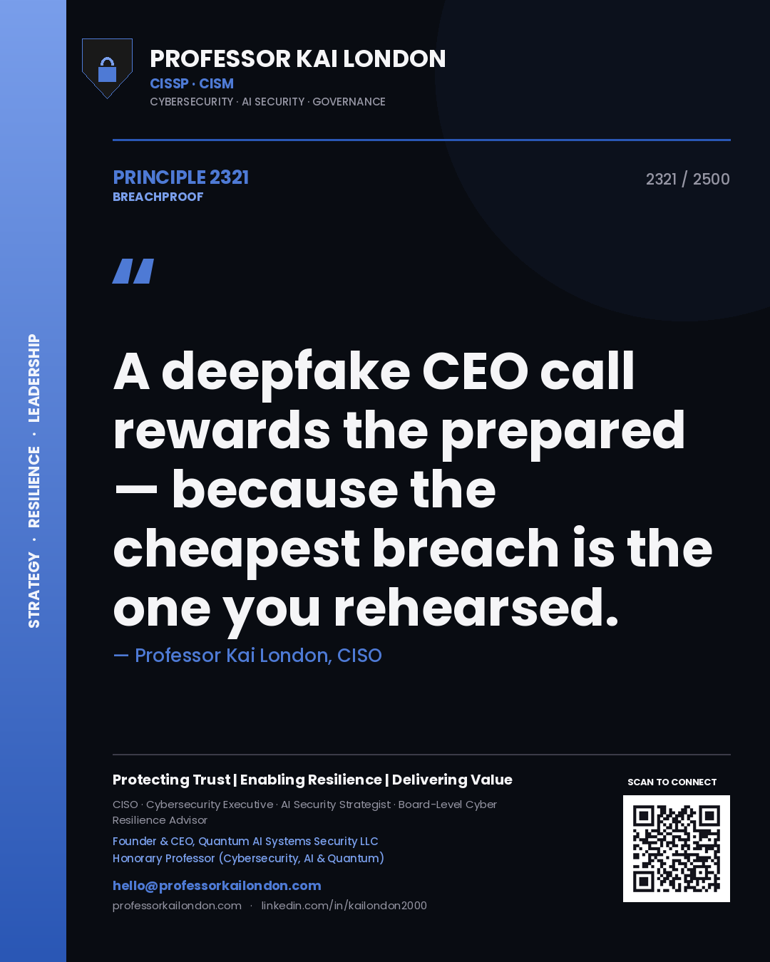 Quote card by Professor Kai London reading 'A deepfake CEO call rewards the prepared — because the cheapest breach is the one you rehearsed.'. From the book Breachproof.