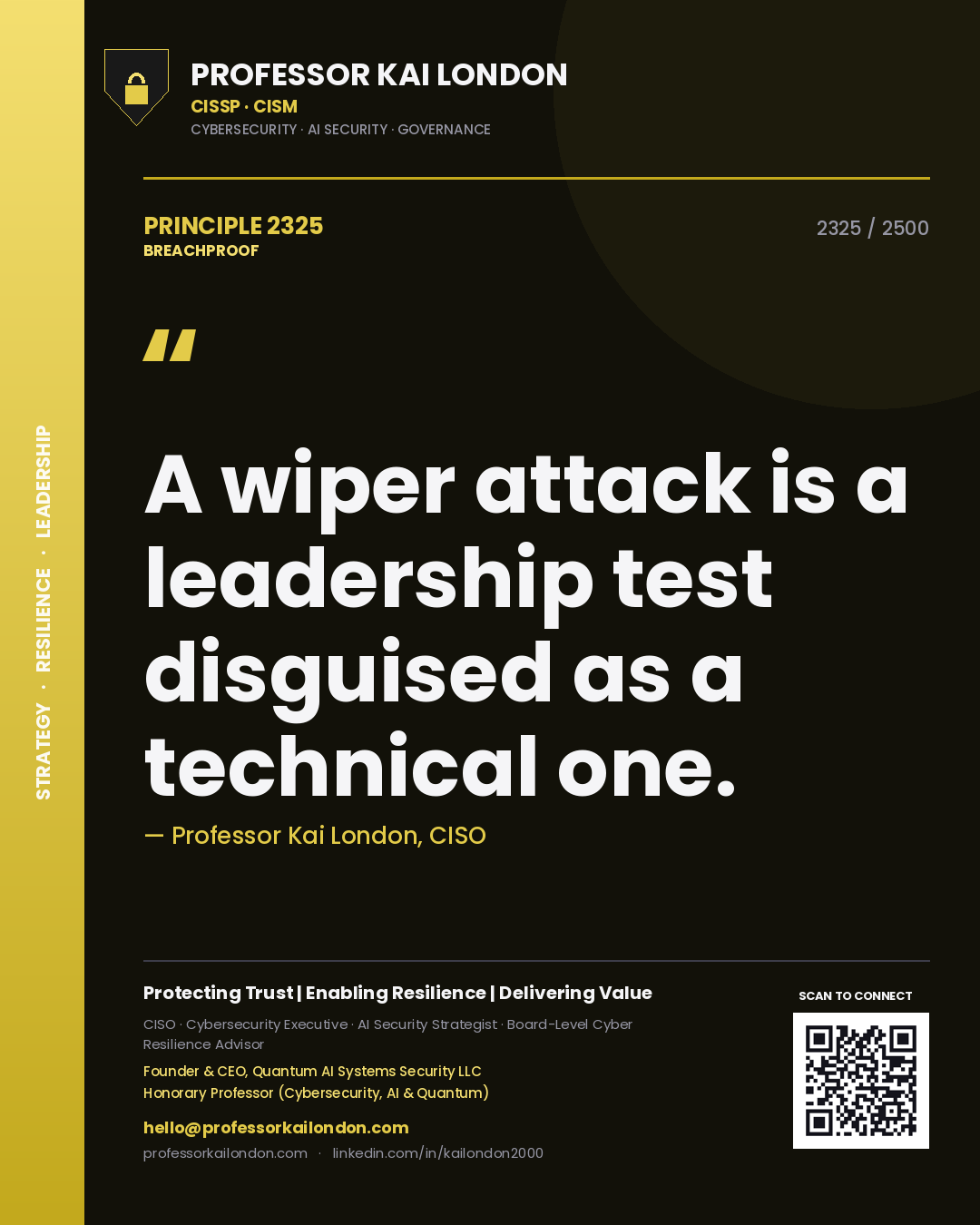 Quote card by Professor Kai London reading 'A wiper attack is a leadership test disguised as a technical one.'. From the book Breachproof.