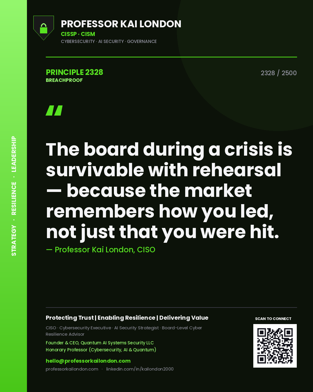 Quote card by Professor Kai London reading 'The board during a crisis is survivable with rehearsal — because the market remembers how you led, not just that you were hit.'. From the book Breachproof.