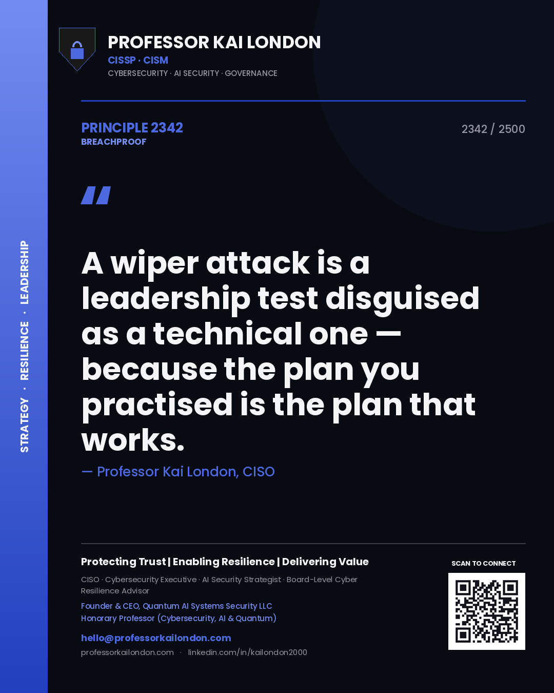 Quote card by Professor Kai London reading 'A wiper attack is a leadership test disguised as a technical one — because the plan you practised is the plan that works.'. From the book Breachproof.