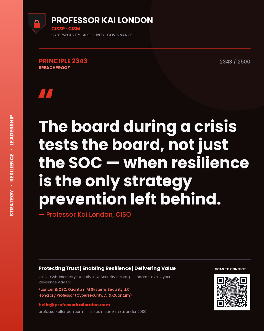 Quote card by Professor Kai London reading 'The board during a crisis tests the board, not just the SOC — when resilience is the only strategy prevention left behind.'. From the book Breachproof.
