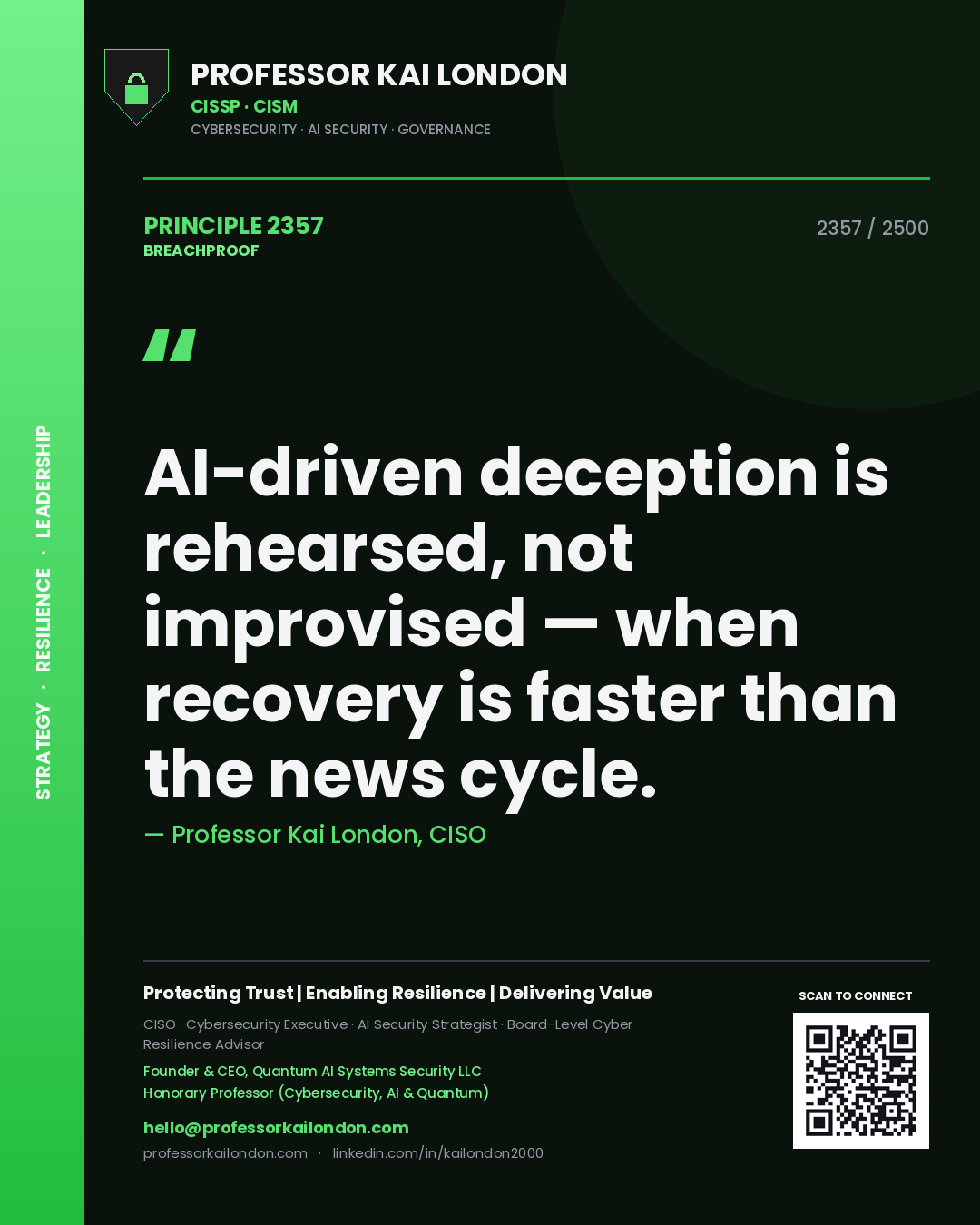 Quote card by Professor Kai London reading 'AI-driven deception is rehearsed, not improvised — when recovery is faster than the news cycle.'. From the book Breachproof.