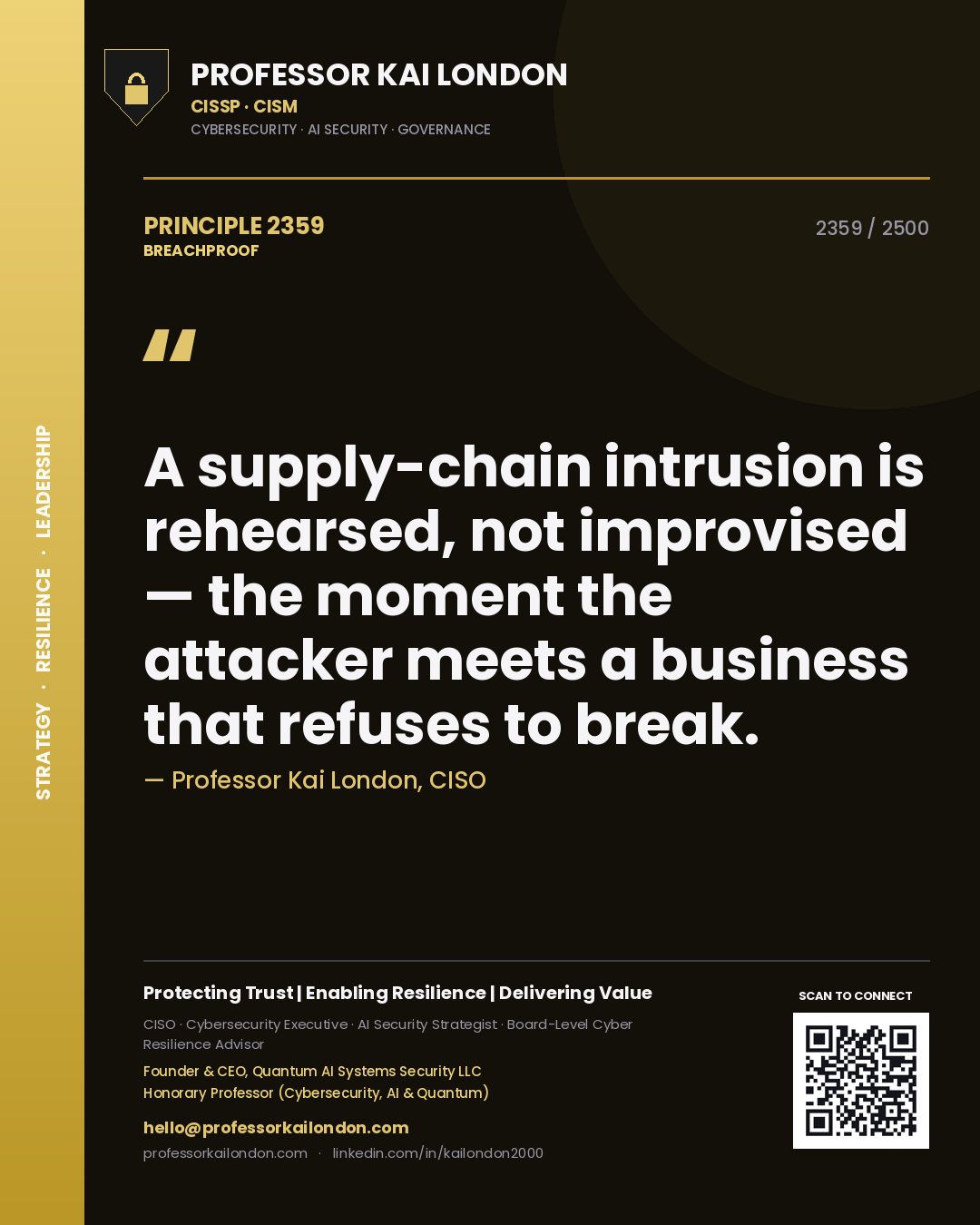 Quote card by Professor Kai London reading 'A supply-chain intrusion is rehearsed, not improvised — the moment the attacker meets a business that refuses to break.'. From the book Breachproof.