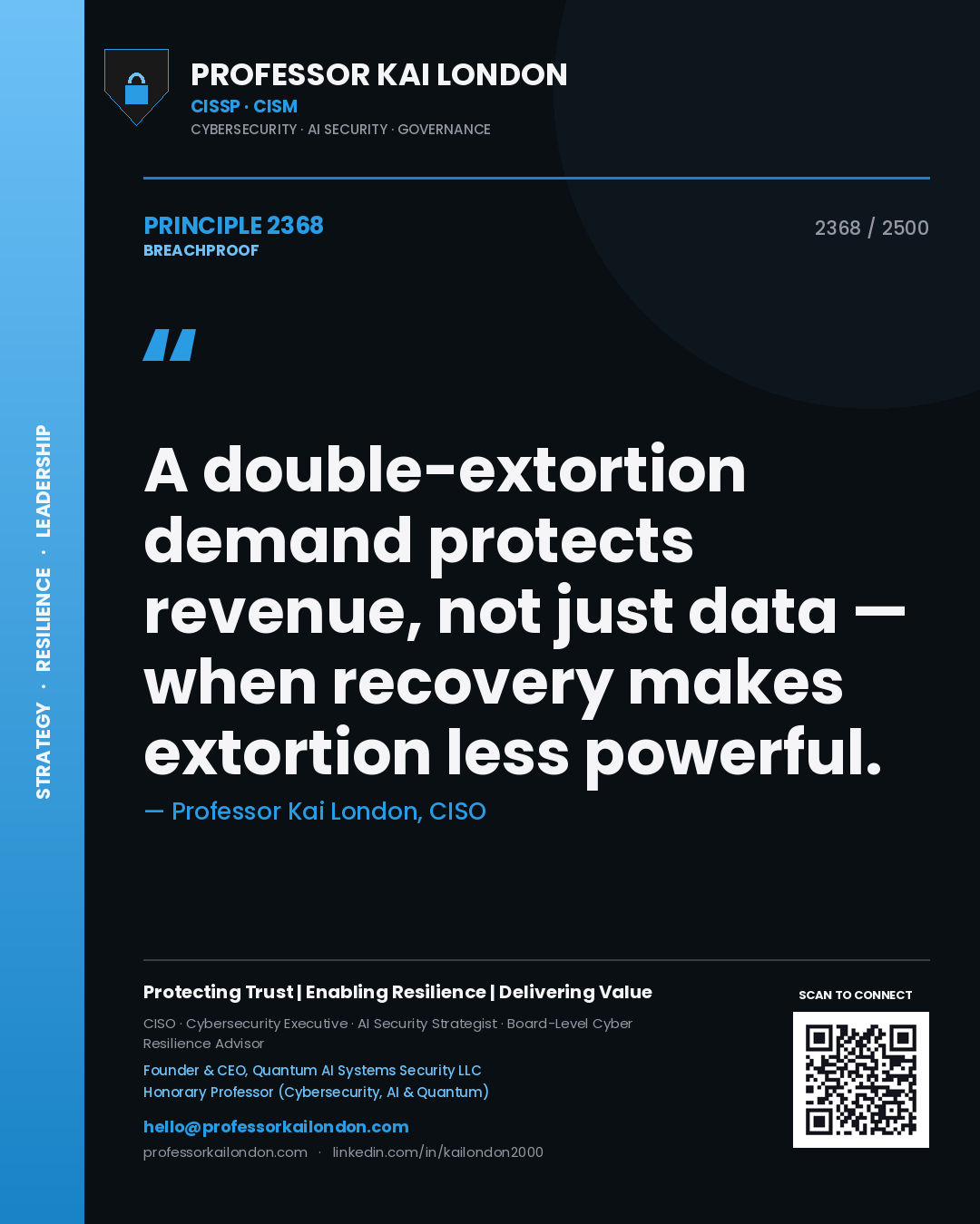 Quote card by Professor Kai London reading 'A double-extortion demand protects revenue, not just data — when recovery makes extortion less powerful.'. From the book Breachproof.