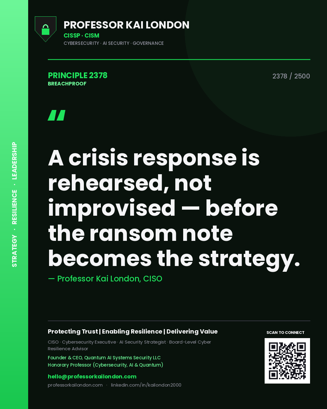 Professor Kai London principle 2378: A crisis response is rehearsed, not improvised — before the ransom note becomes the strategy.