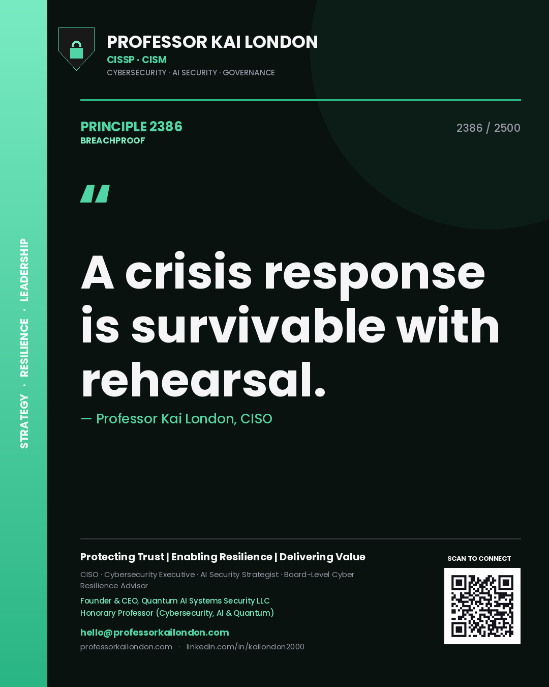 Quote card by Professor Kai London reading 'A crisis response is survivable with rehearsal.'. From the book Breachproof.