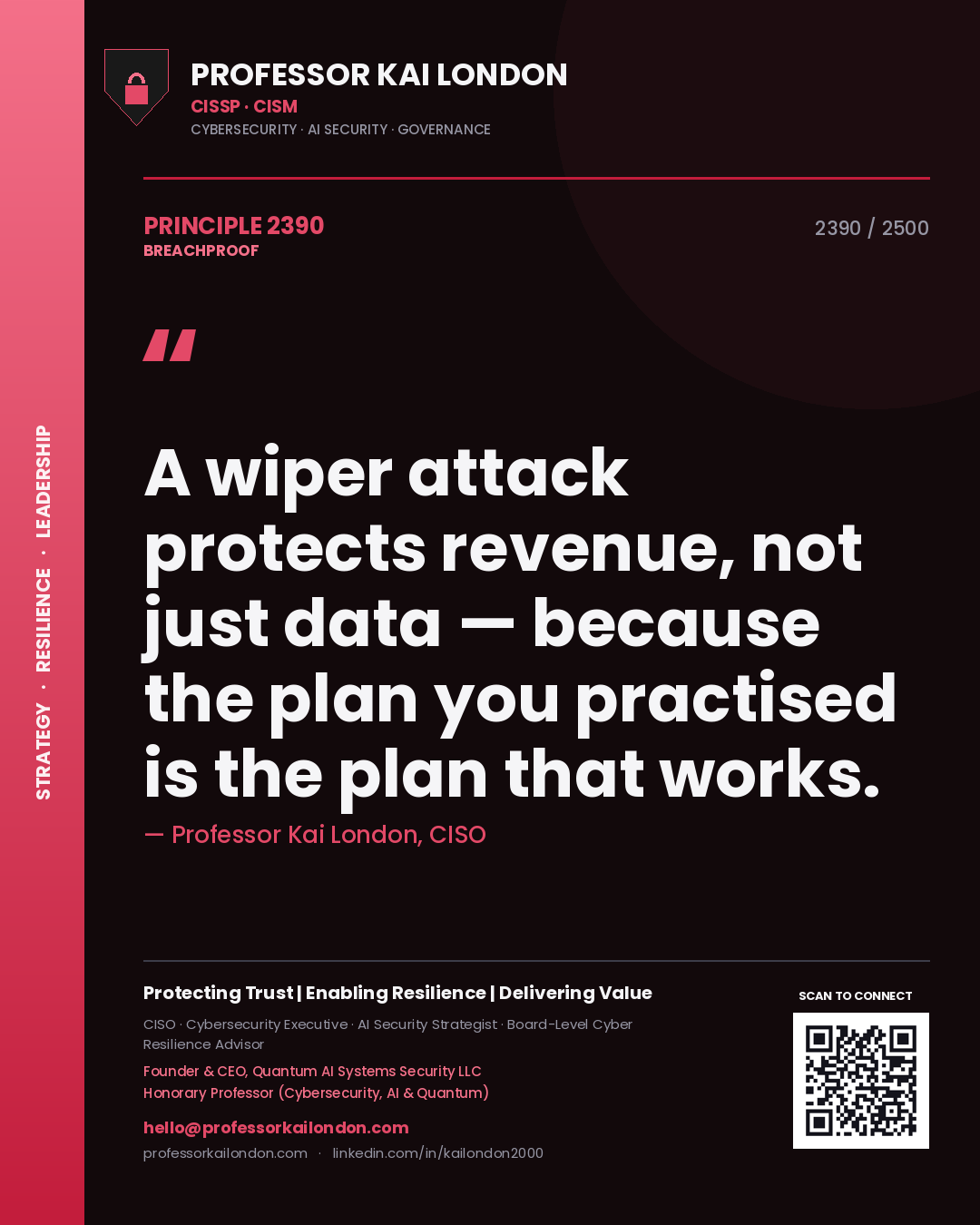Quote card by Professor Kai London reading 'A wiper attack protects revenue, not just data — because the plan you practised is the plan that works.'. From the book Breachproof.