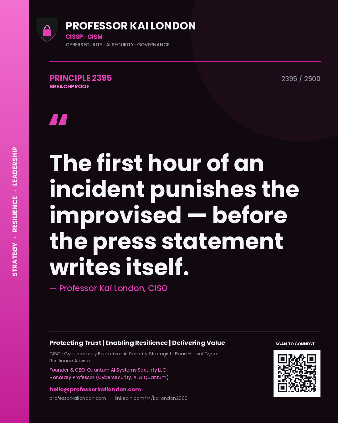 Quote card by Professor Kai London reading 'The first hour of an incident punishes the improvised — before the press statement writes itself.'. From the book Breachproof.