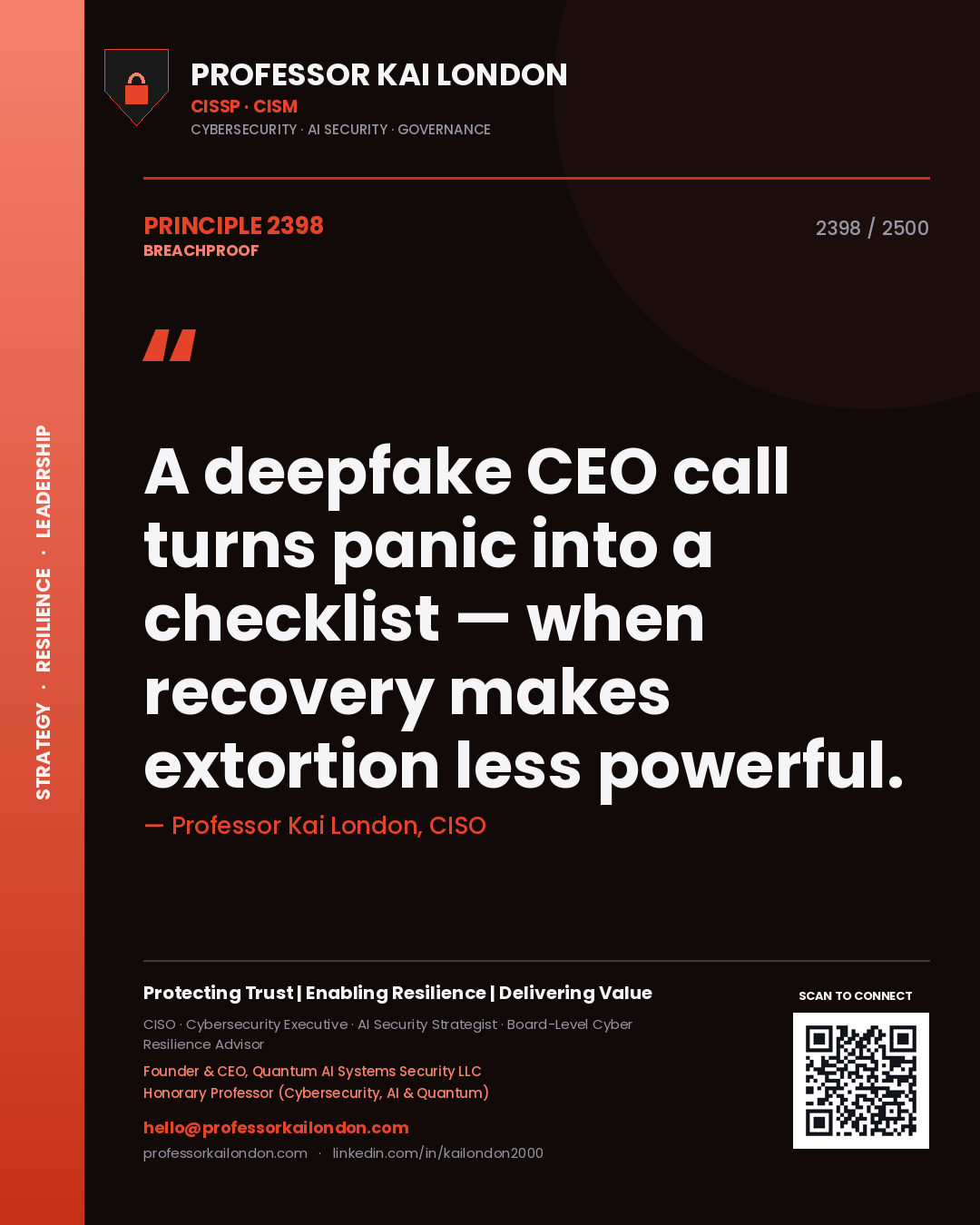 Professor Kai London principle 2398: A deepfake CEO call turns panic into a checklist — when recovery makes extortion less powerful.
