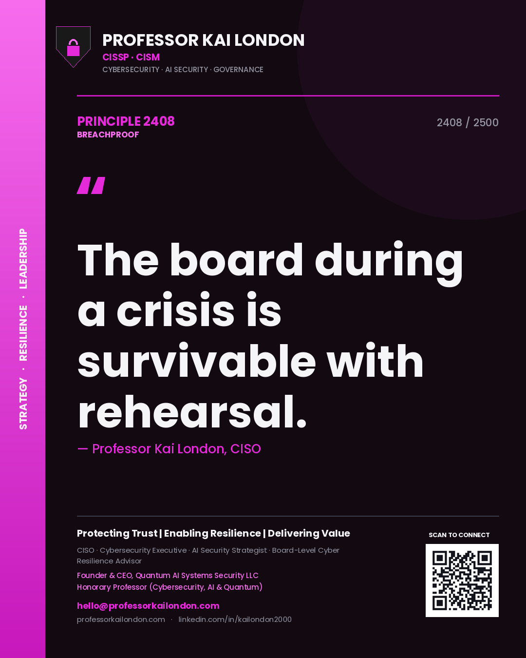 Professor Kai London principle 2408: The board during a crisis is survivable with rehearsal.