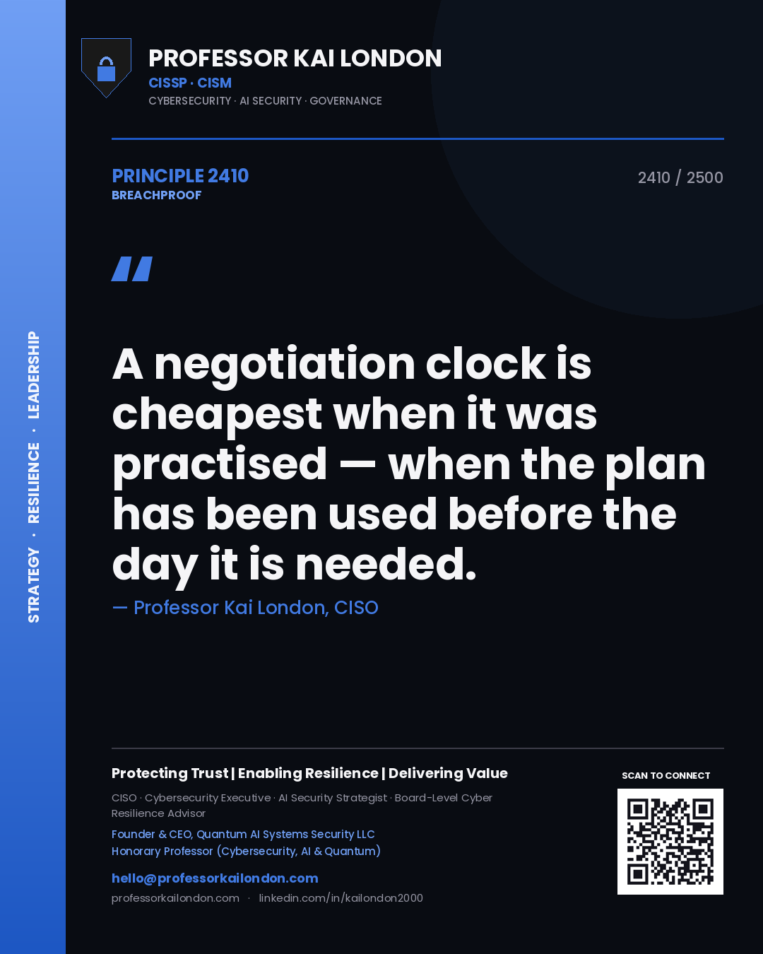 Quote card by Professor Kai London reading 'A negotiation clock is cheapest when it was practised — when the plan has been used before the day it is needed.'. From the book Breachproof.