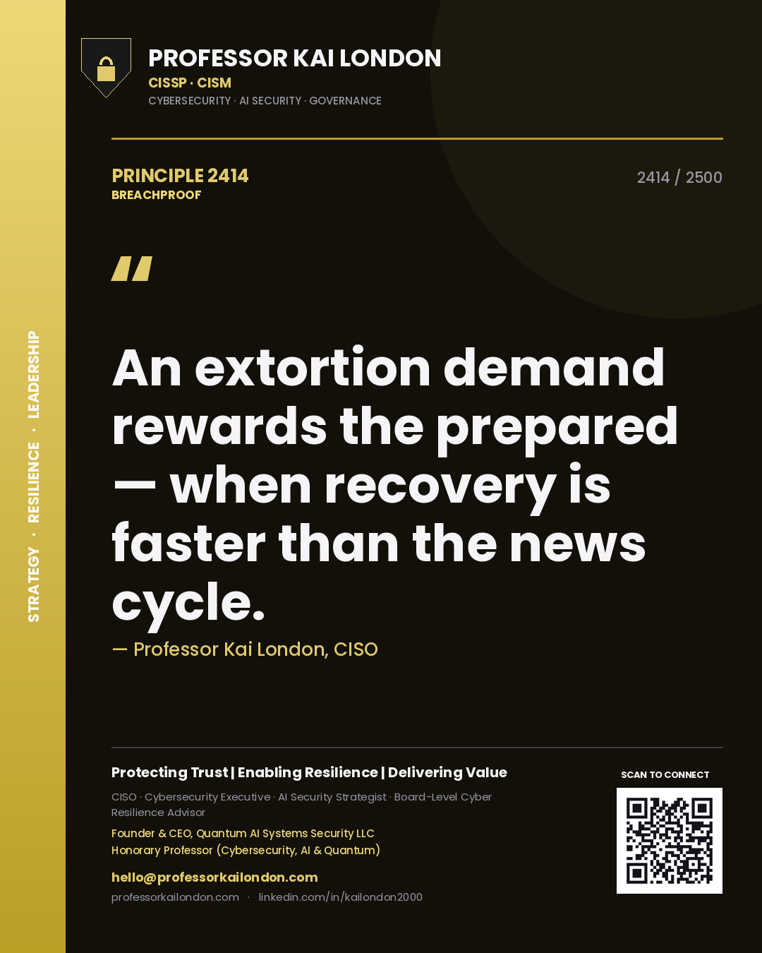 Professor Kai London principle 2414: An extortion demand rewards the prepared — when recovery is faster than the news cycle.