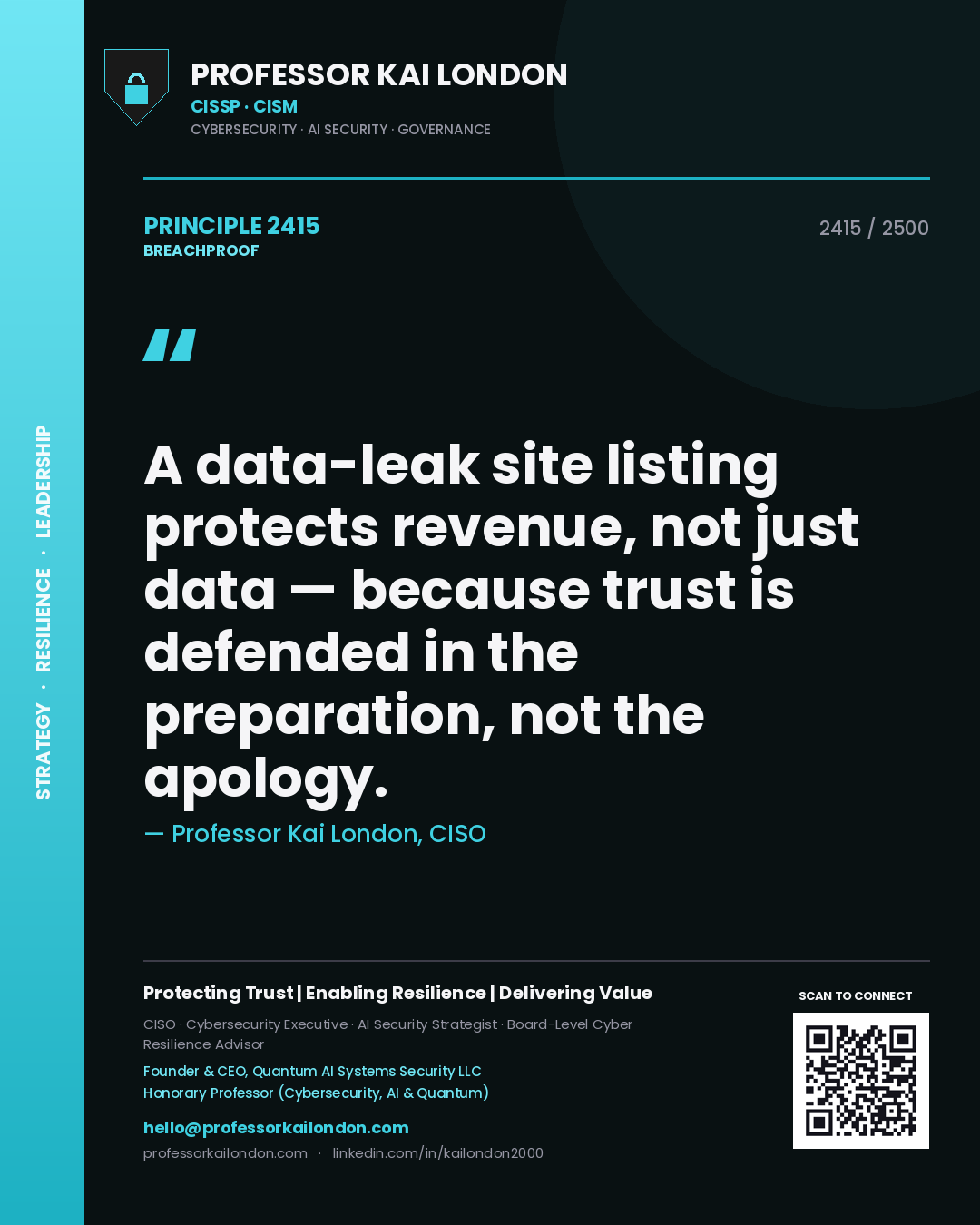 Professor Kai London principle 2415: A data-leak site listing protects revenue, not just data — because trust is defended in the preparation, not the apology.