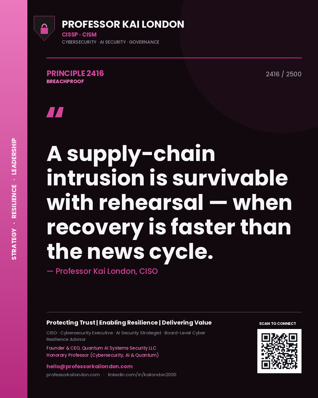 Professor Kai London principle 2416: A supply-chain intrusion is survivable with rehearsal — when recovery is faster than the news cycle.