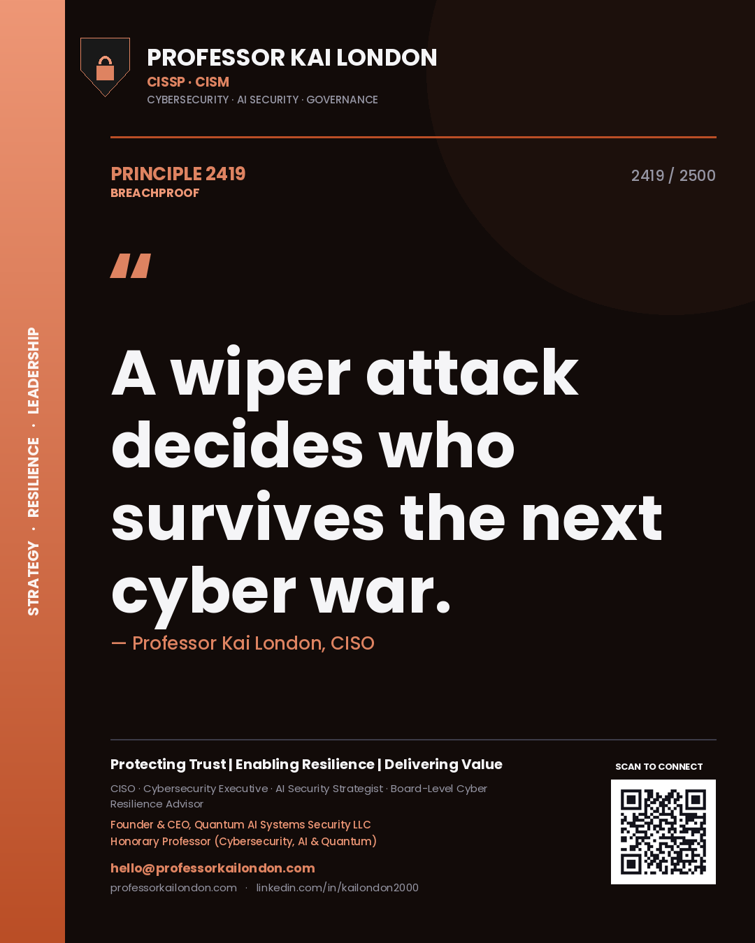 Quote card by Professor Kai London reading 'A wiper attack decides who survives the next cyber war.'. From the book Breachproof.
