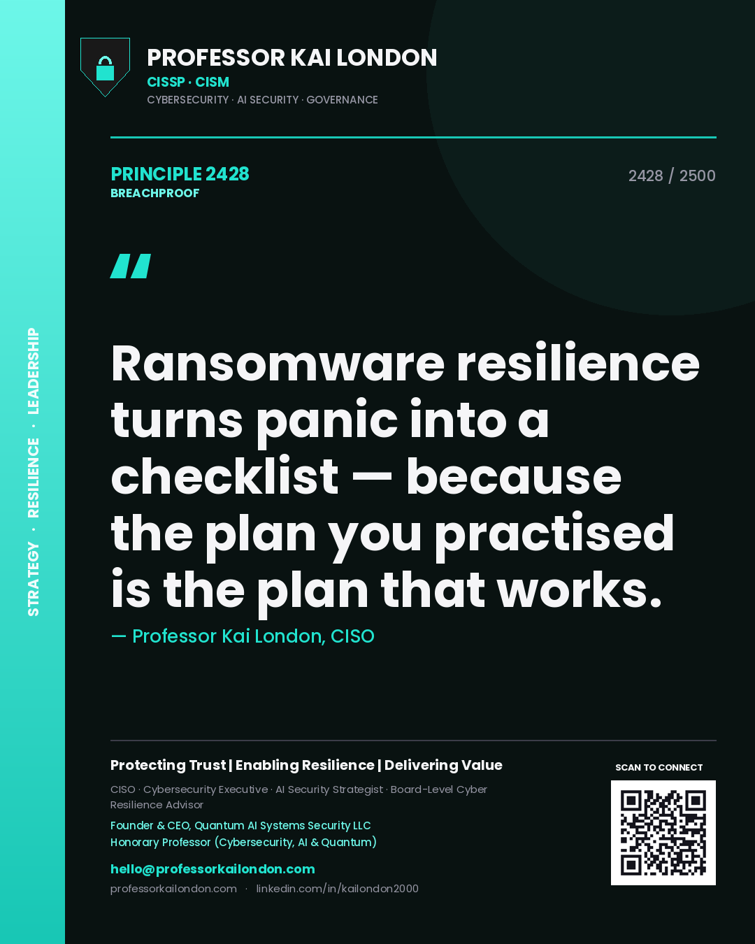 Professor Kai London principle 2428: Ransomware resilience turns panic into a checklist — because the plan you practised is the plan that works.