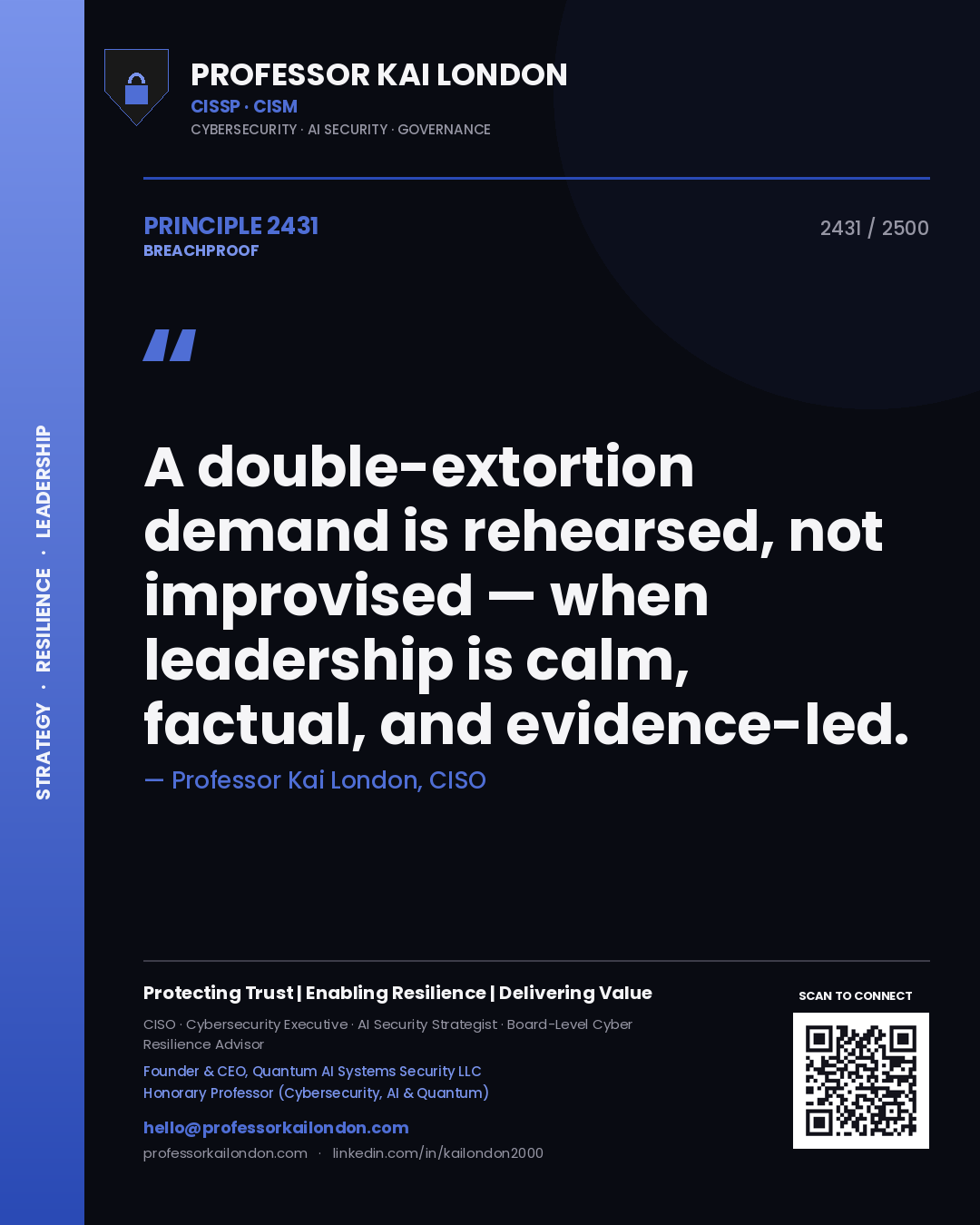 Professor Kai London principle 2431: A double-extortion demand is rehearsed, not improvised — when leadership is calm, factual, and evidence-led.