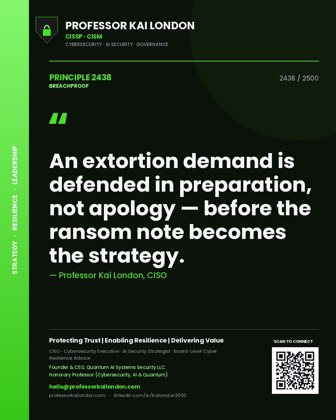 Quote card by Professor Kai London reading 'An extortion demand is defended in preparation, not apology — before the ransom note becomes the strategy.'. From the book Breachproof.
