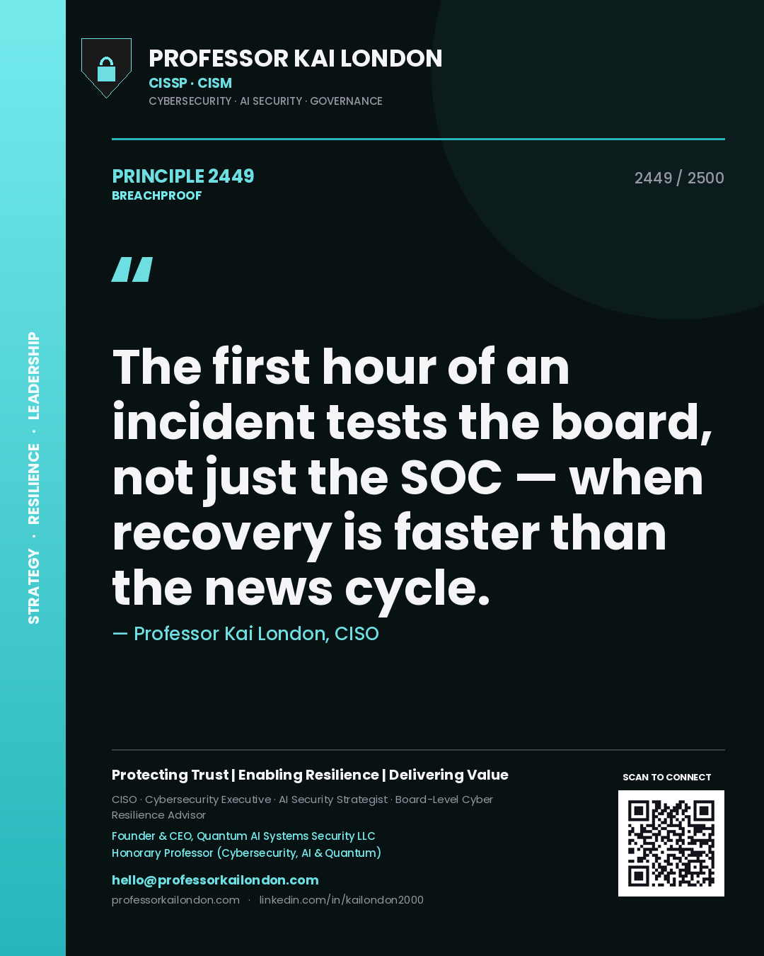 Professor Kai London principle 2449: The first hour of an incident tests the board, not just the SOC — when recovery is faster than the news cycle.