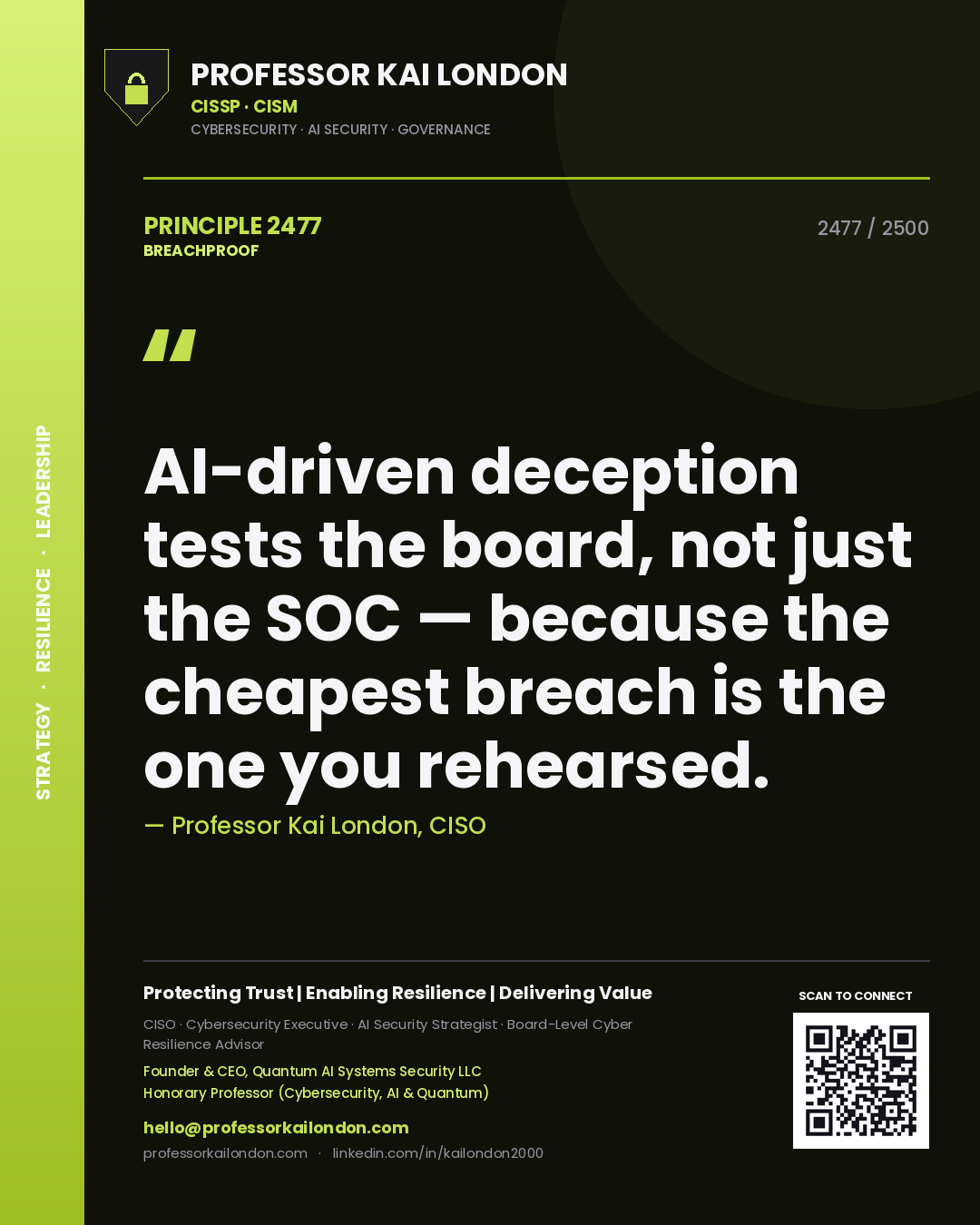 Professor Kai London principle 2477: AI-driven deception tests the board, not just the SOC — because the cheapest breach is the one you rehearsed.