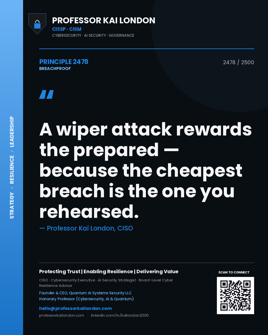 Quote card by Professor Kai London reading 'A wiper attack rewards the prepared — because the cheapest breach is the one you rehearsed.'. From the book Breachproof.