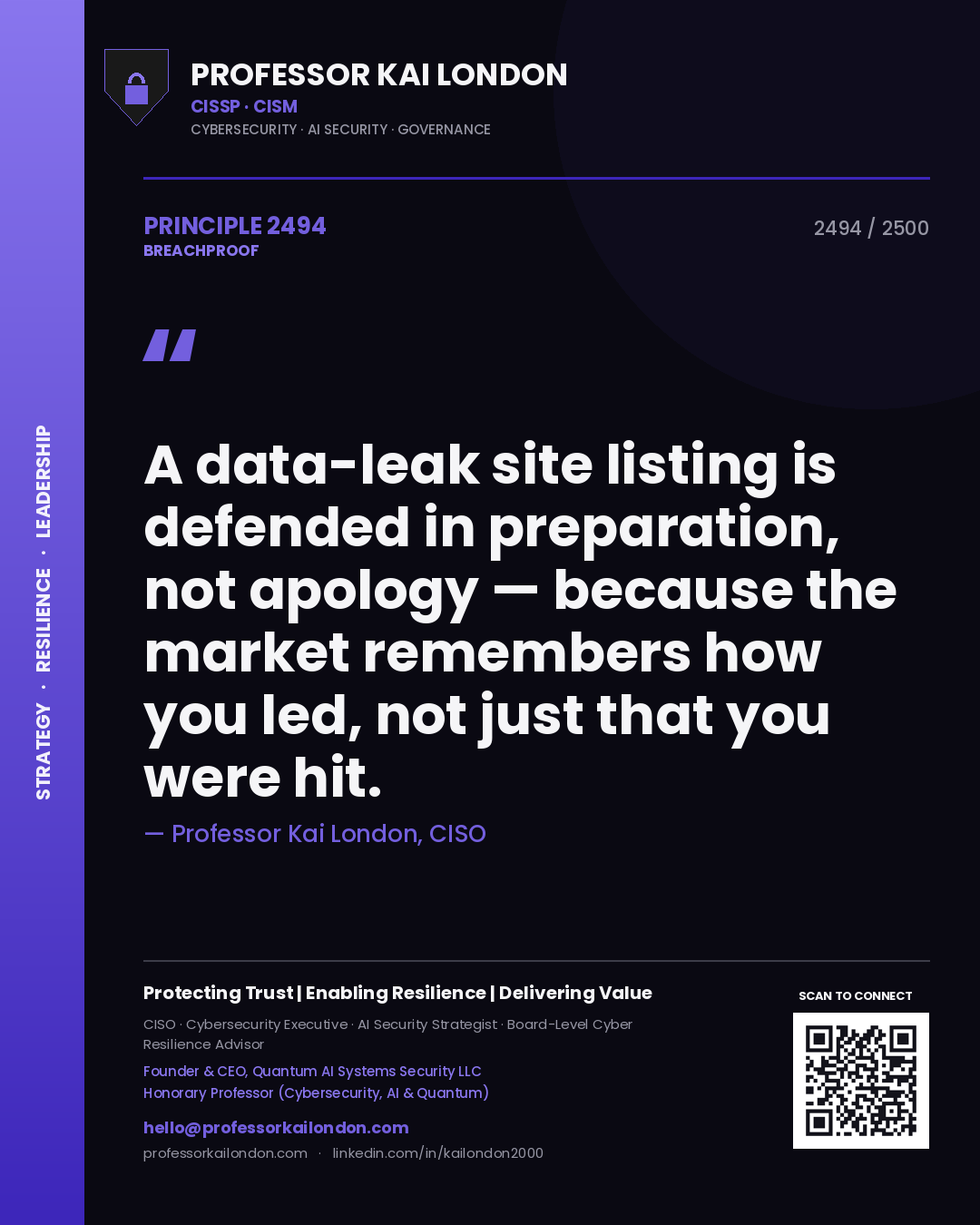 Quote card by Professor Kai London reading 'A data-leak site listing is defended in preparation, not apology — because the market remembers how you led, not just that you were hit.'. From the book Breachproof.