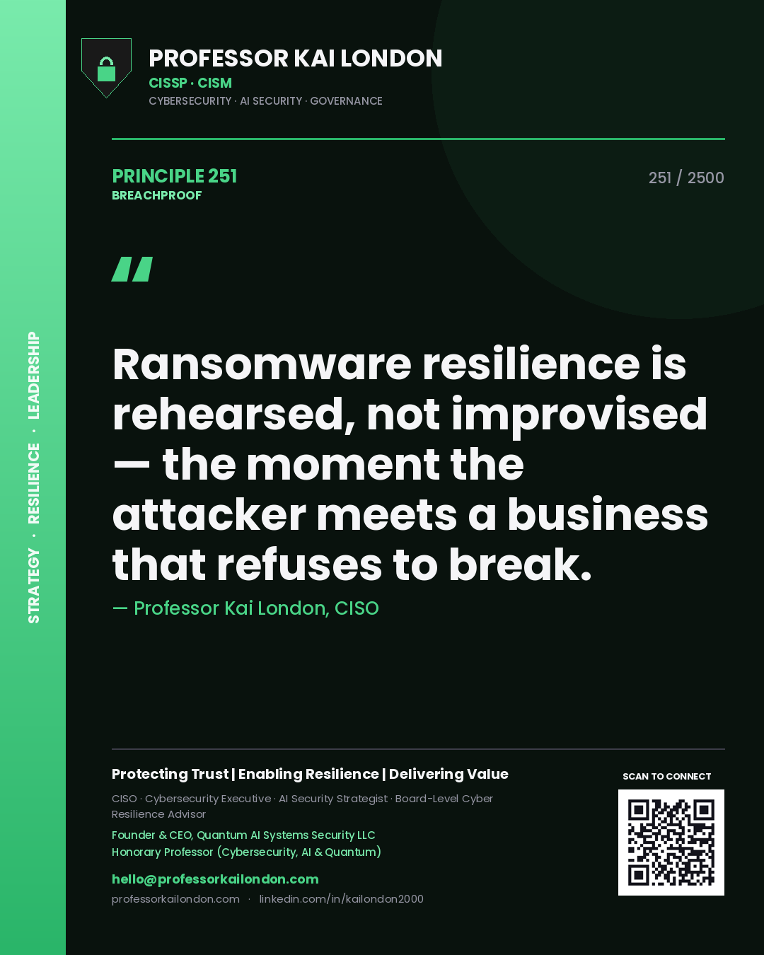 Quote card by Professor Kai London reading 'Ransomware resilience is rehearsed, not improvised — the moment the attacker meets a business that refuses to break.'. From the book Breachproof.