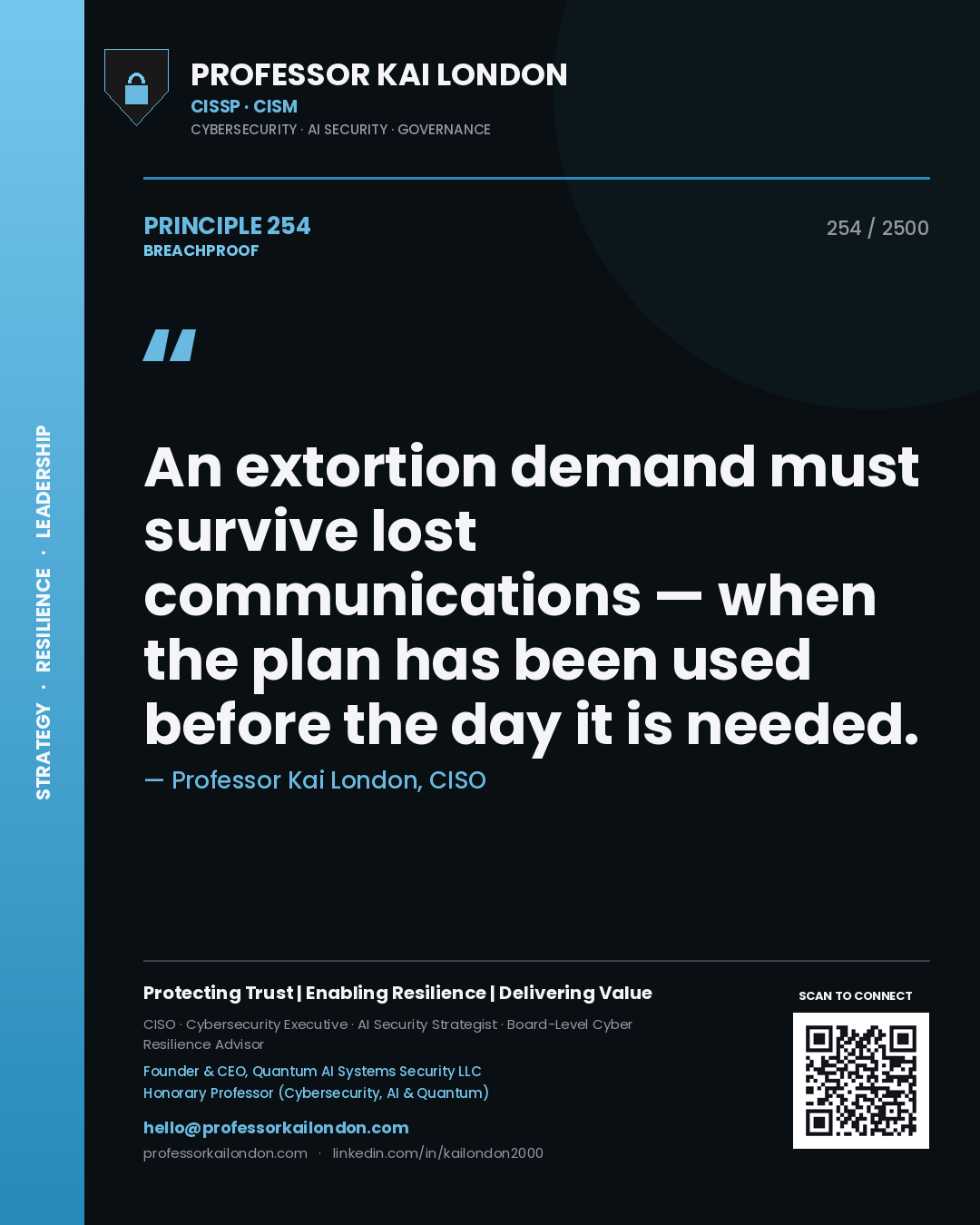 Quote card by Professor Kai London reading 'An extortion demand must survive lost communications — when the plan has been used before the day it is needed.'. From the book Breachproof.