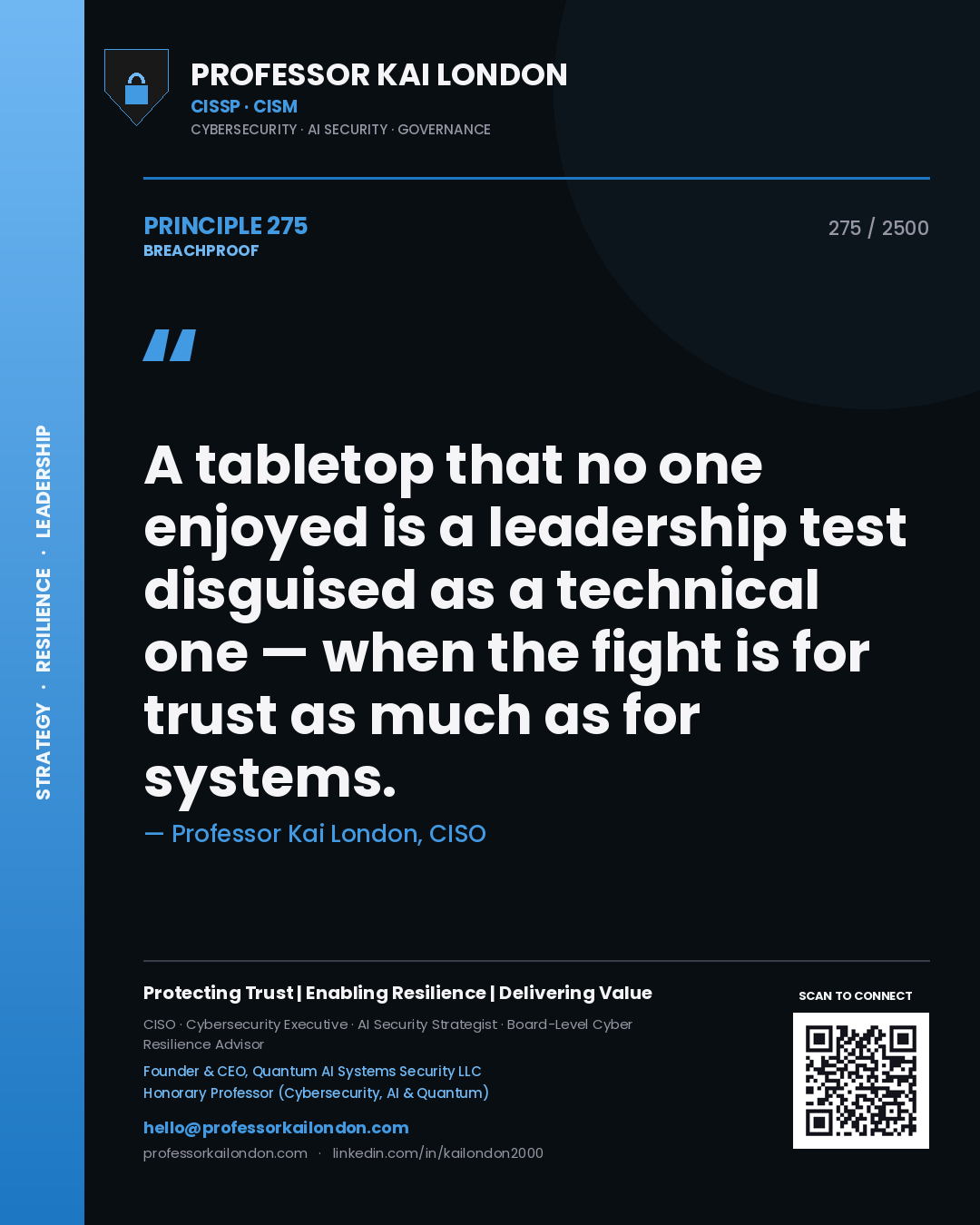 Quote card by Professor Kai London reading 'A tabletop that no one enjoyed is a leadership test disguised as a technical one — when the fight is for trust as much as for systems.'. From the book Breachproof.