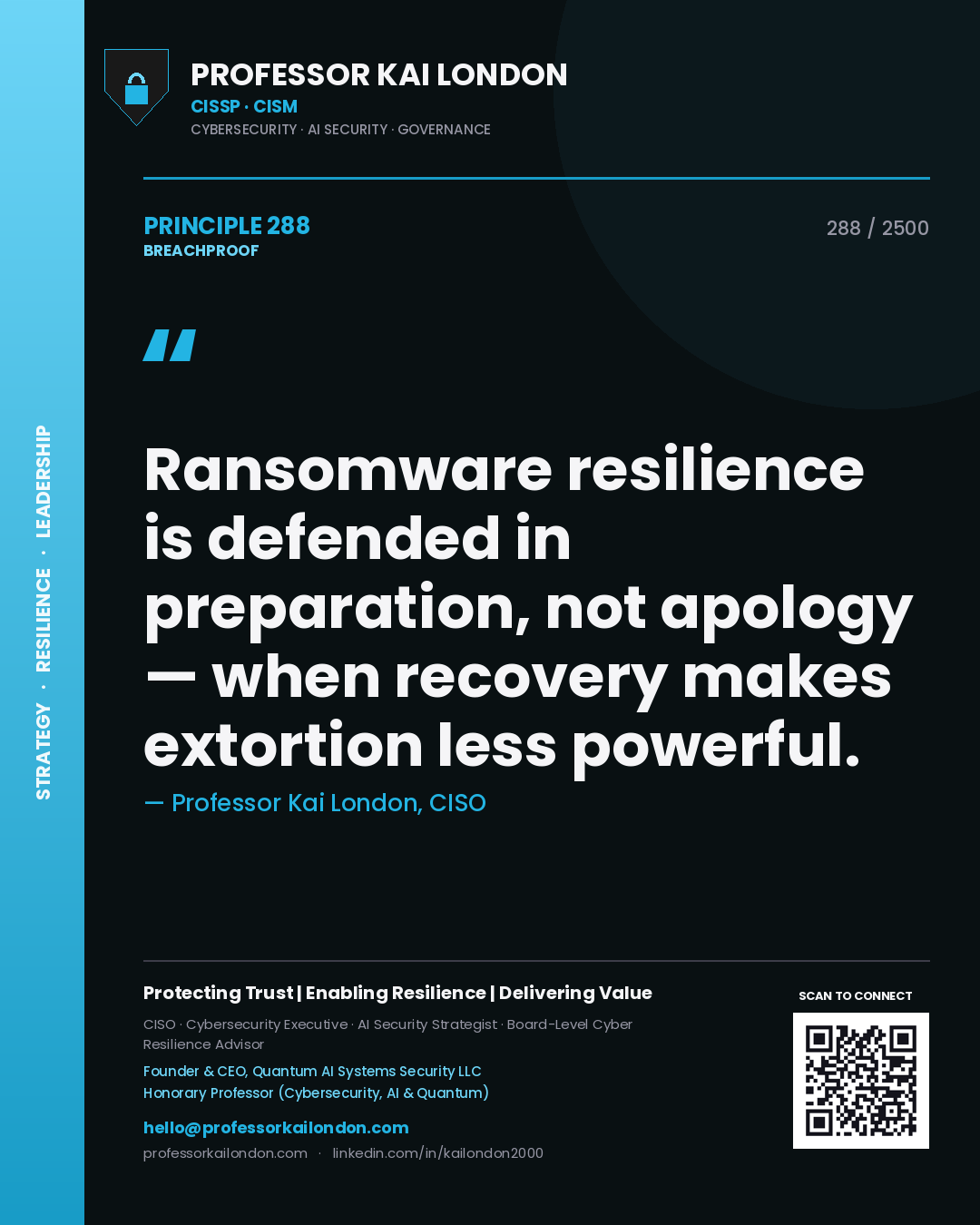 Professor Kai London principle 288: Ransomware resilience is defended in preparation, not apology — when recovery makes extortion less powerful.