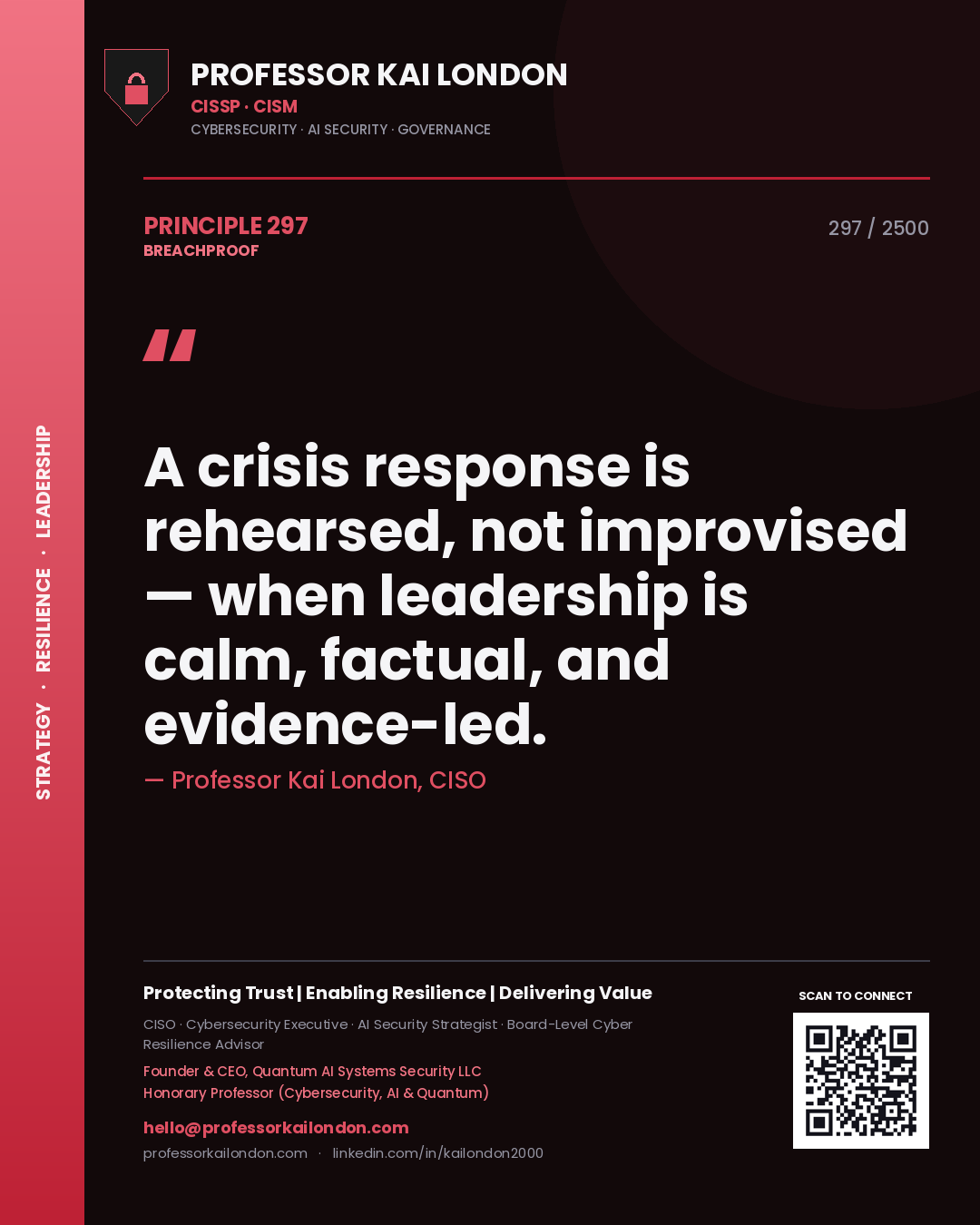 Quote card by Professor Kai London reading 'A crisis response is rehearsed, not improvised — when leadership is calm, factual, and evidence-led.'. From the book Breachproof.