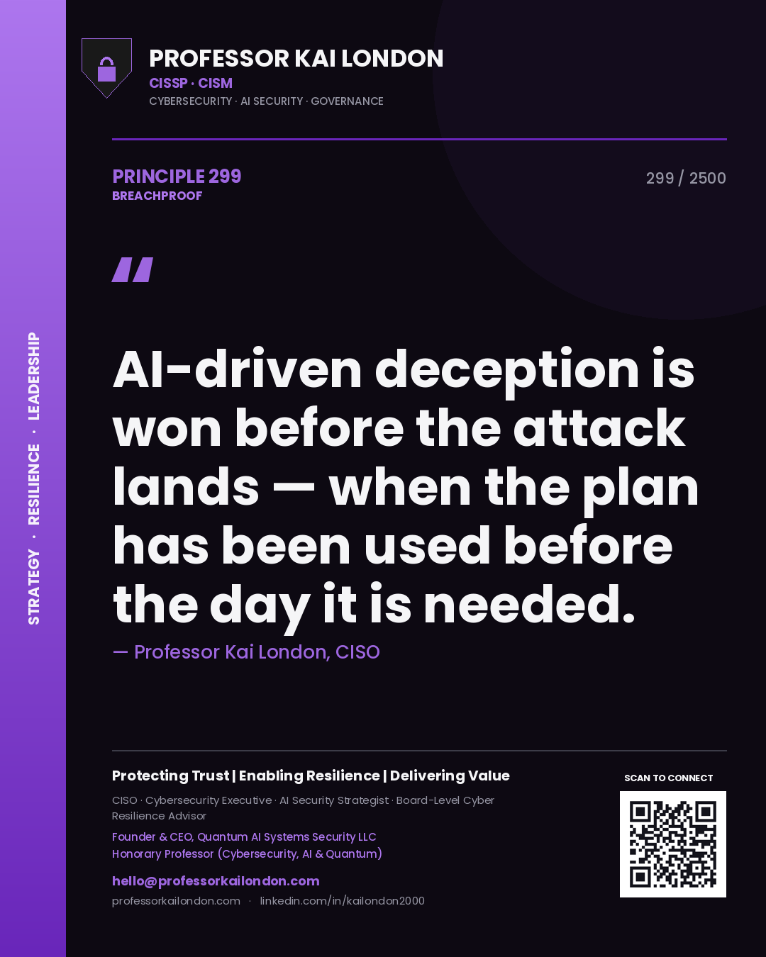 Professor Kai London principle 299: AI-driven deception is won before the attack lands — when the plan has been used before the day it is needed.