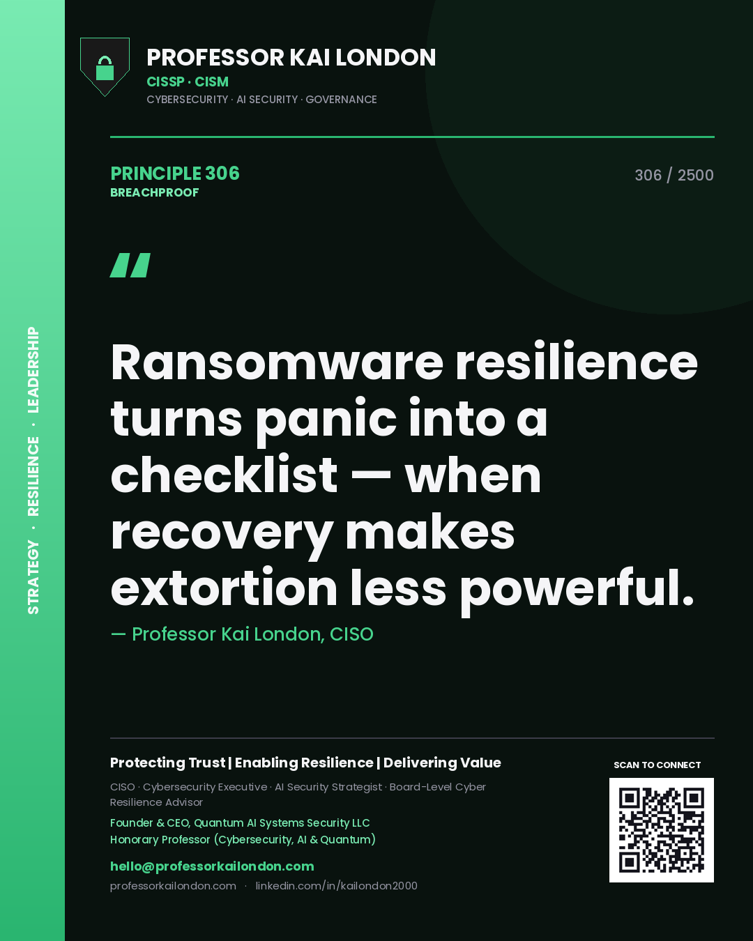 Professor Kai London principle 306: Ransomware resilience turns panic into a checklist — when recovery makes extortion less powerful.