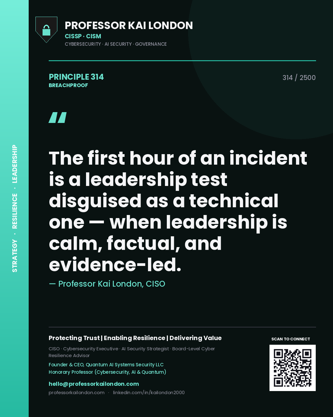 Professor Kai London principle 314: The first hour of an incident is a leadership test disguised as a technical one — when leadership is calm, factual, and evidence-led.