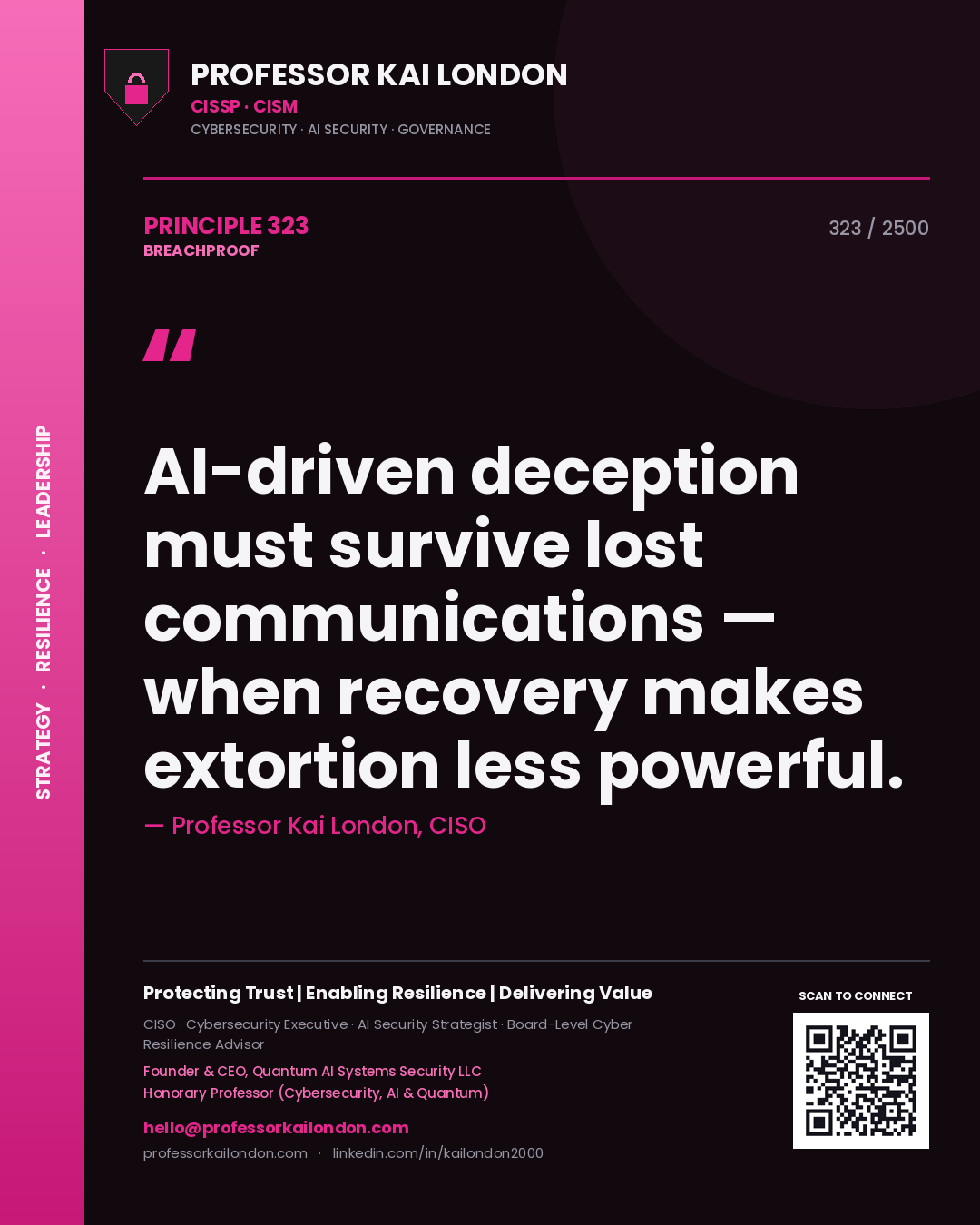 Quote card by Professor Kai London reading 'AI-driven deception must survive lost communications — when recovery makes extortion less powerful.'. From the book Breachproof.