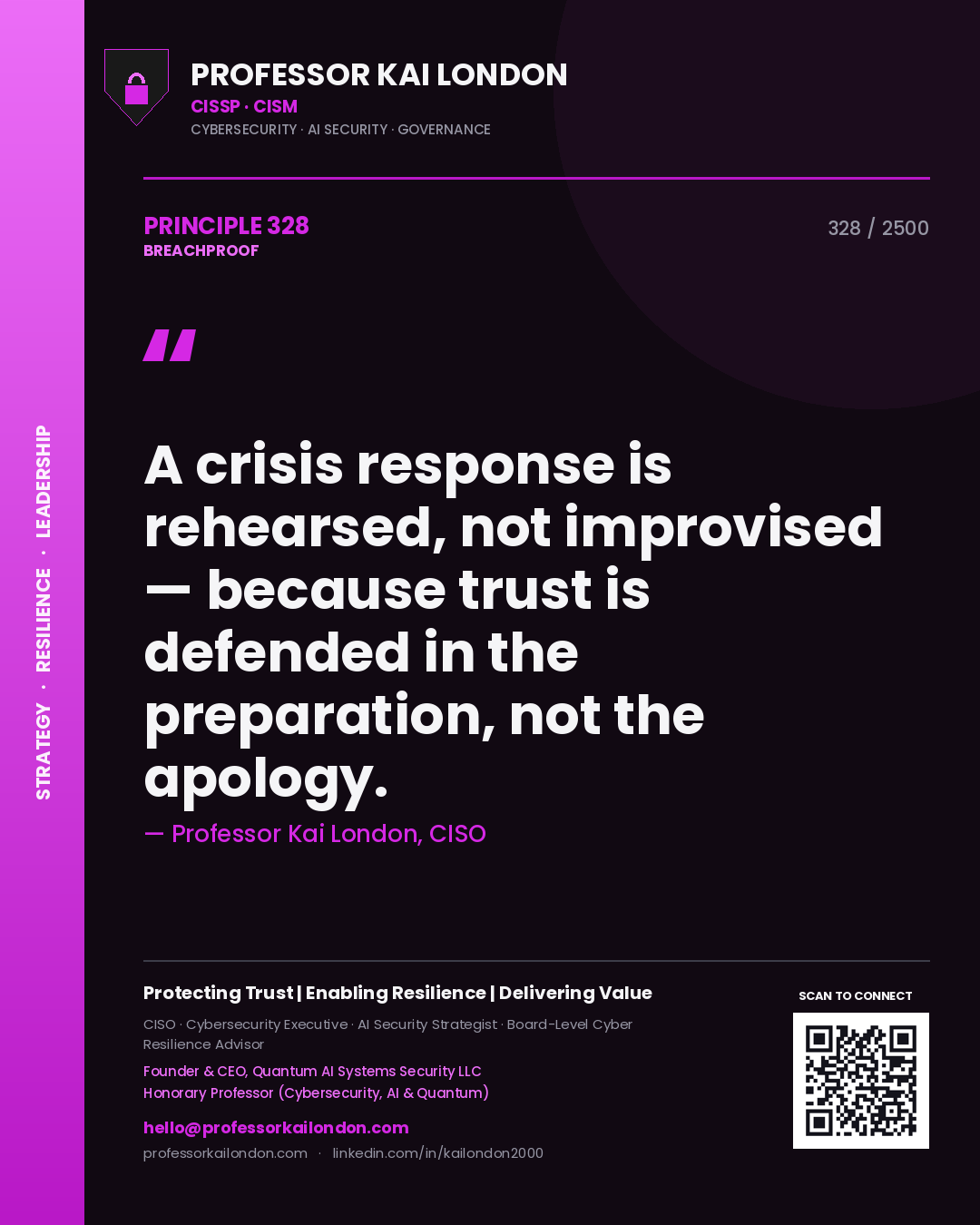 Quote card by Professor Kai London reading 'A crisis response is rehearsed, not improvised — because trust is defended in the preparation, not the apology.'. From the book Breachproof.