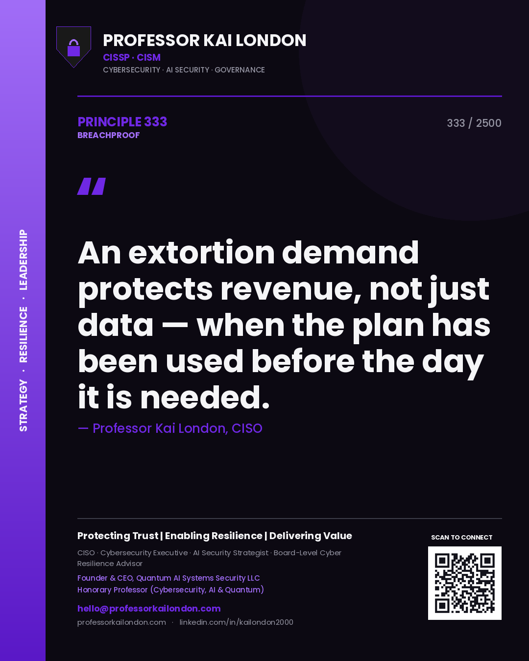 Quote card by Professor Kai London reading 'An extortion demand protects revenue, not just data — when the plan has been used before the day it is needed.'. From the book Breachproof.