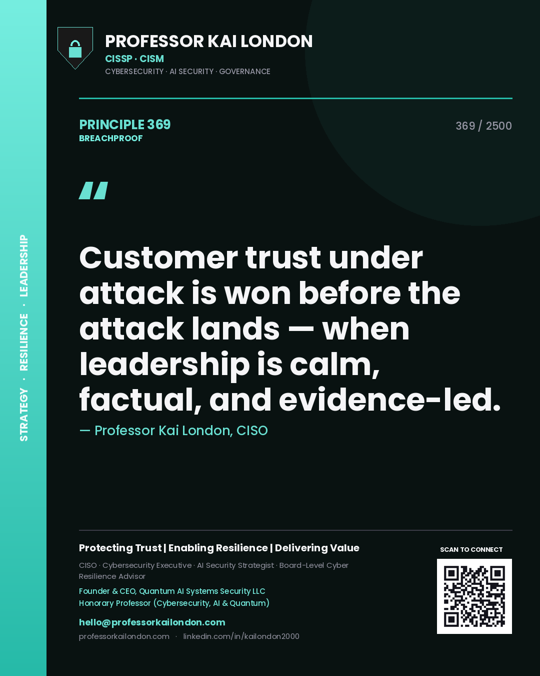 Quote card by Professor Kai London reading 'Customer trust under attack is won before the attack lands — when leadership is calm, factual, and evidence-led.'. From the book Breachproof.