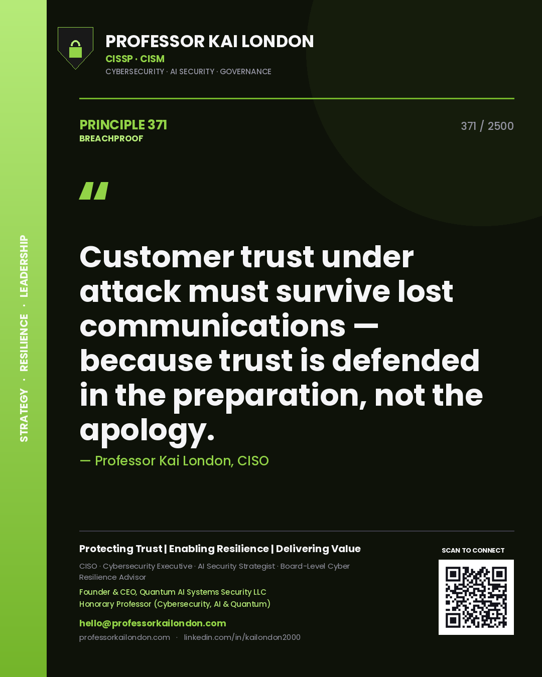 Quote card by Professor Kai London reading 'Customer trust under attack must survive lost communications — because trust is defended in the preparation, not the apology.'. From the book Breachproof.
